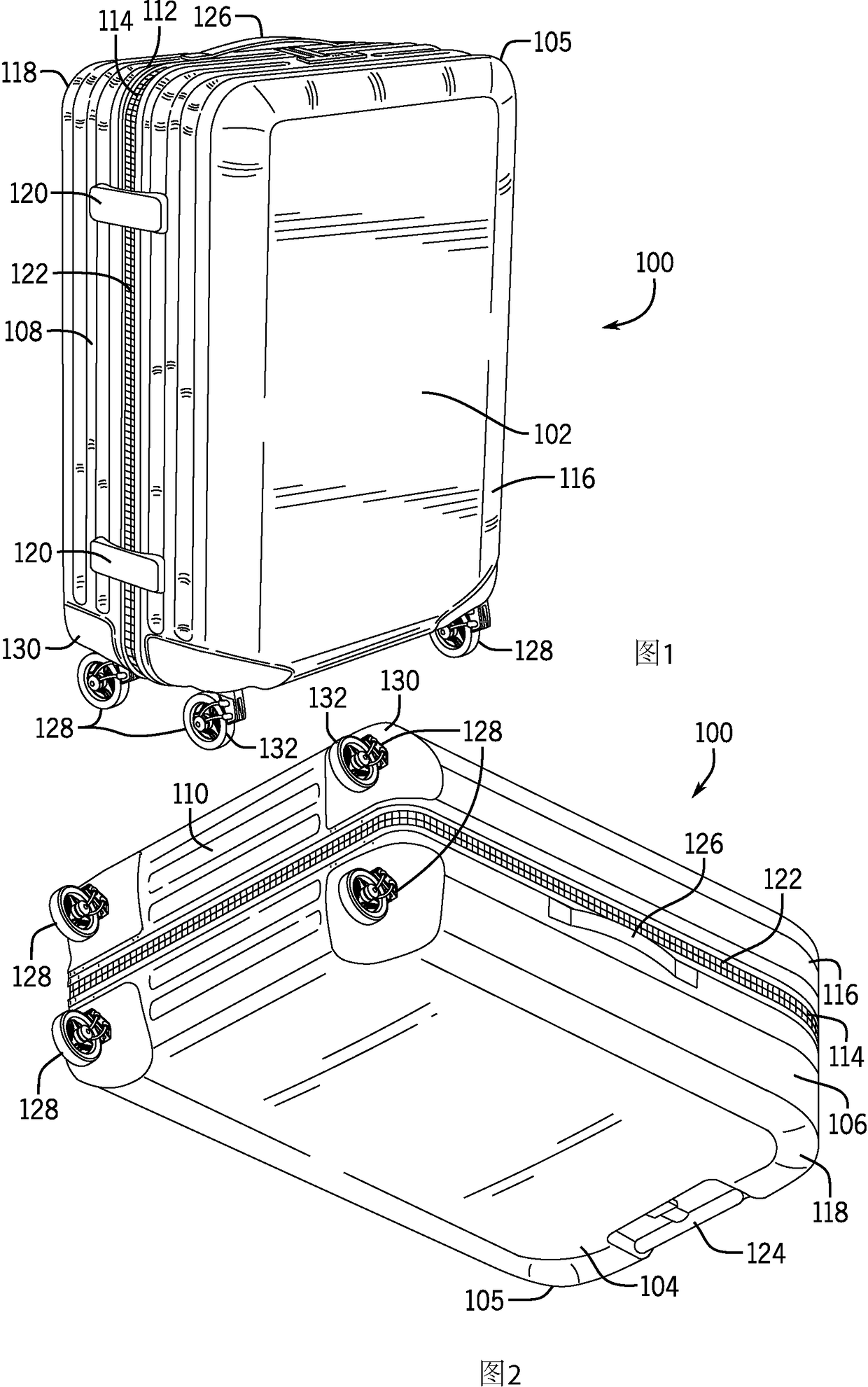 Luggage case with cantilevered wheel carrier with slender arms