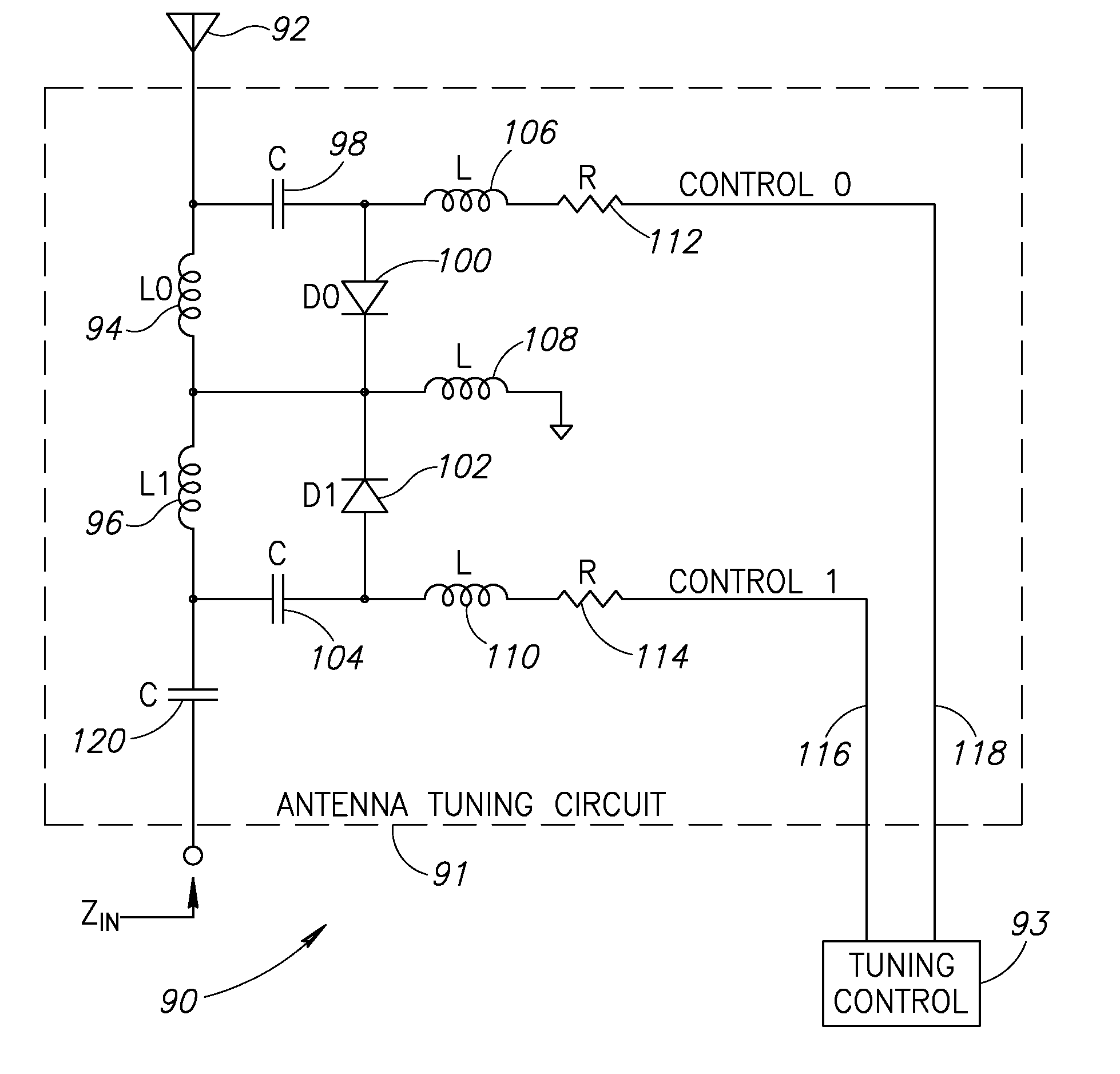 Digitally controlled antenna tuning circuit for radio frequency receivers