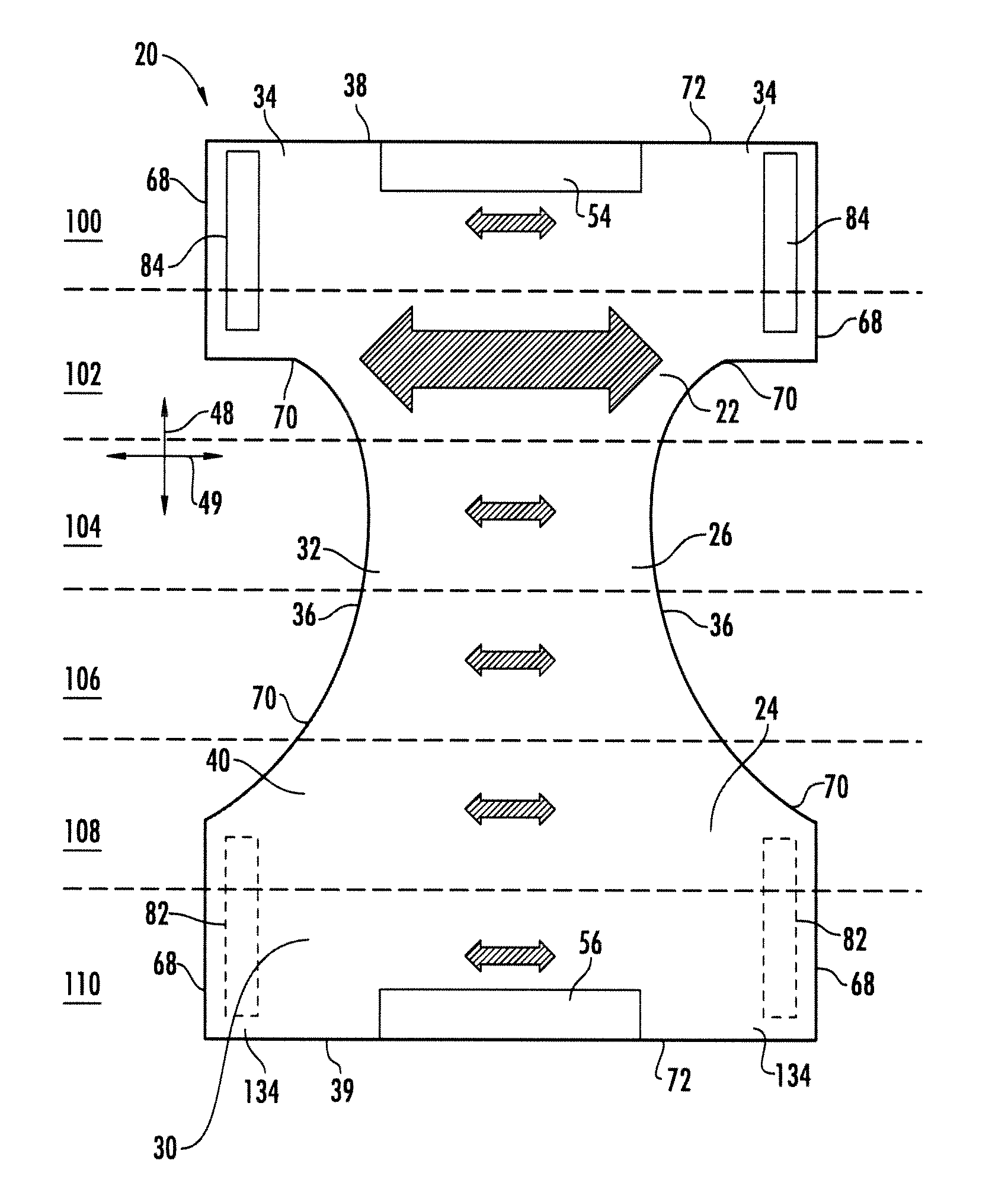 Absorbent garments with improved fit in the front leg area