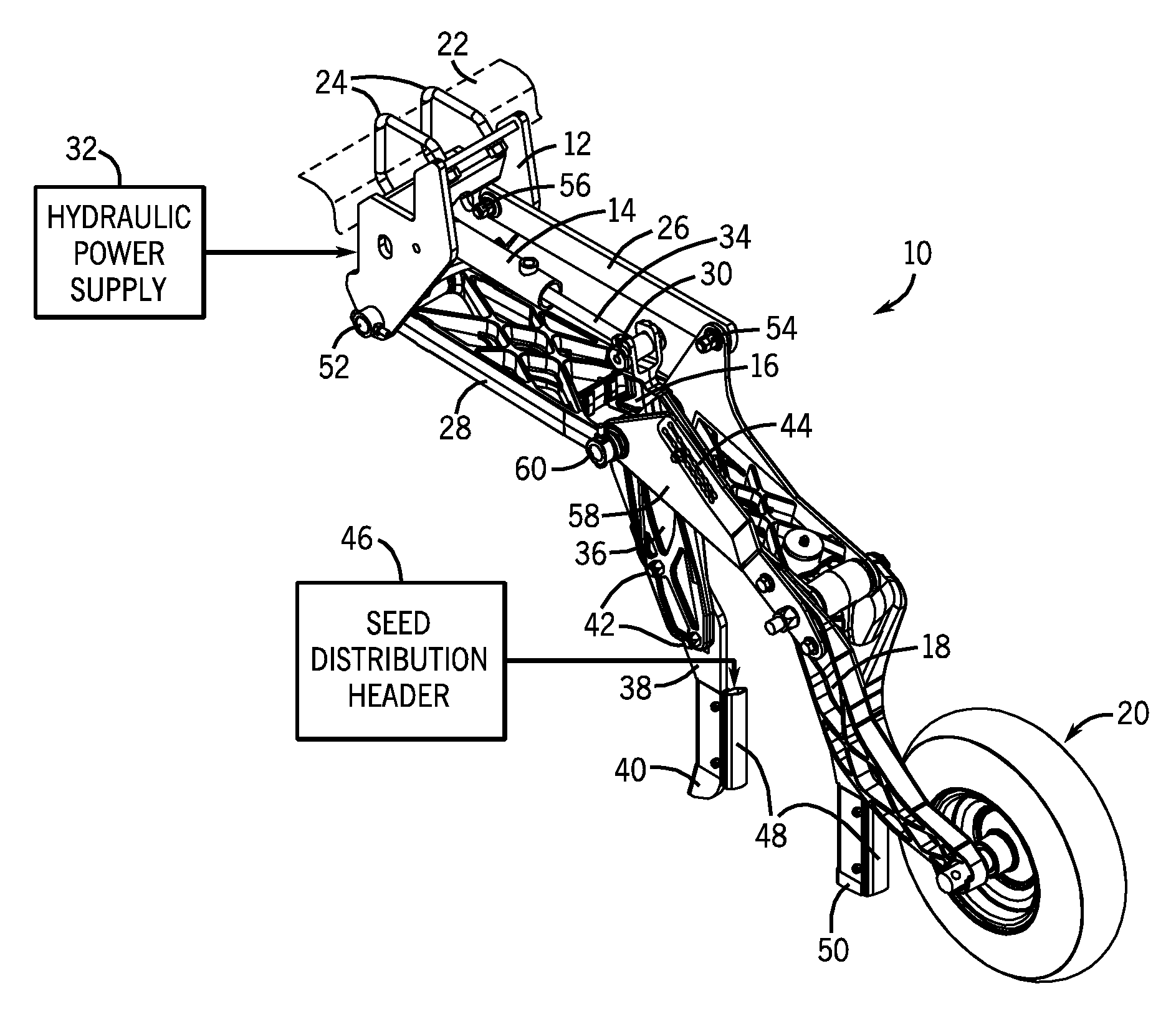 Precision hoe opener with swing link between cylinder and shank