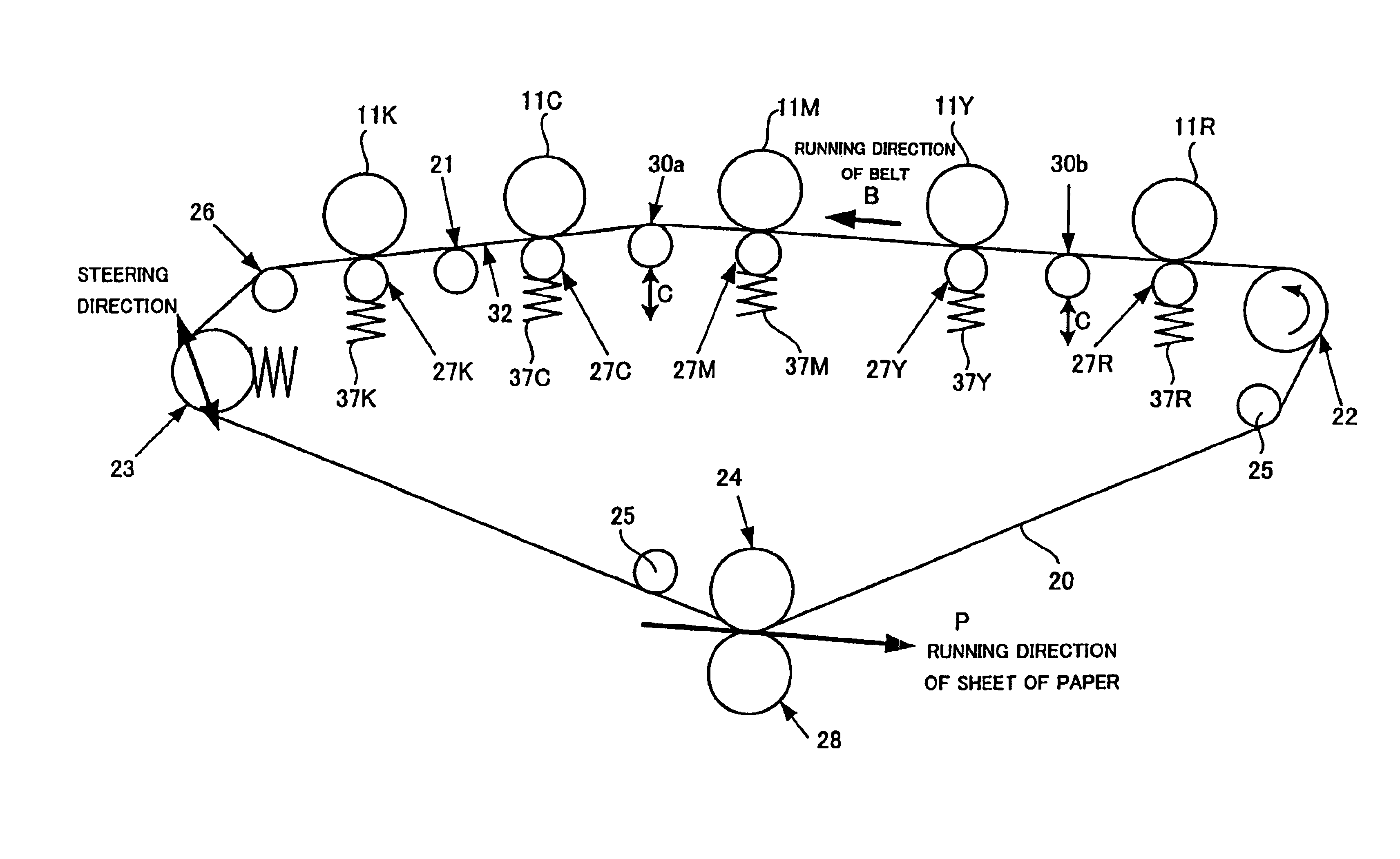 Image forming apparatus with belt, plural sensitized bodies, and belt positioning mechanism