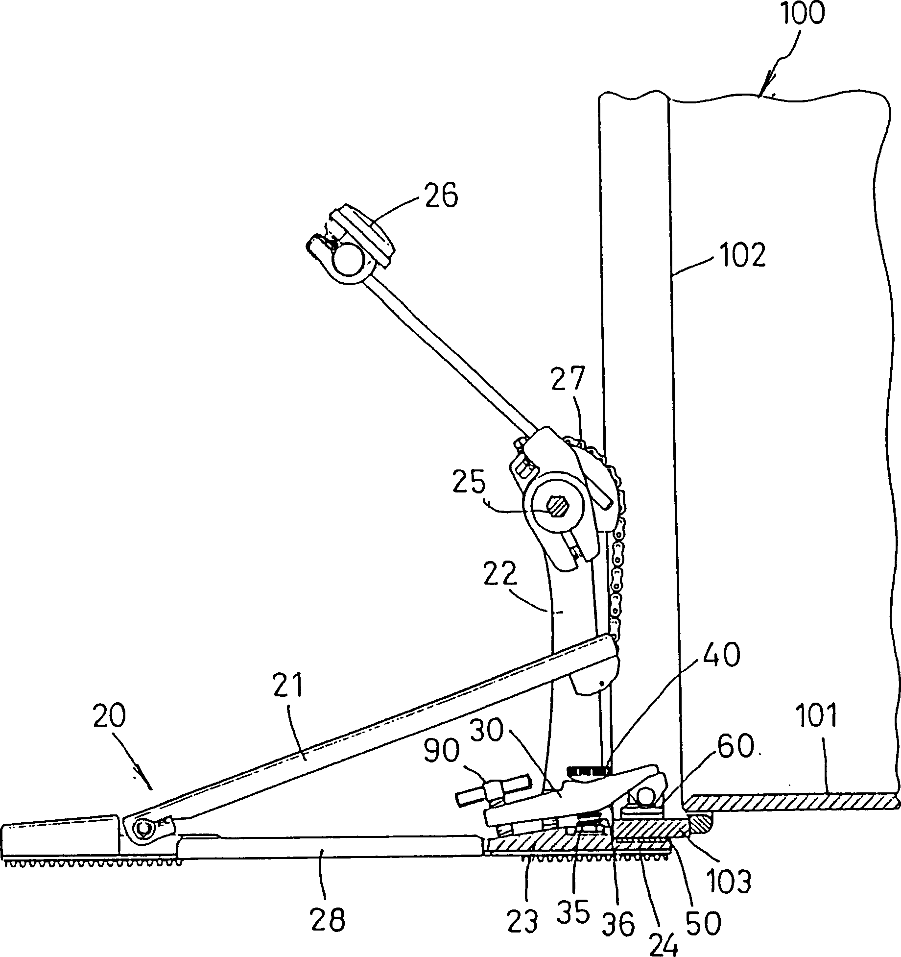 Ring hoop hold-down device for drum pedal