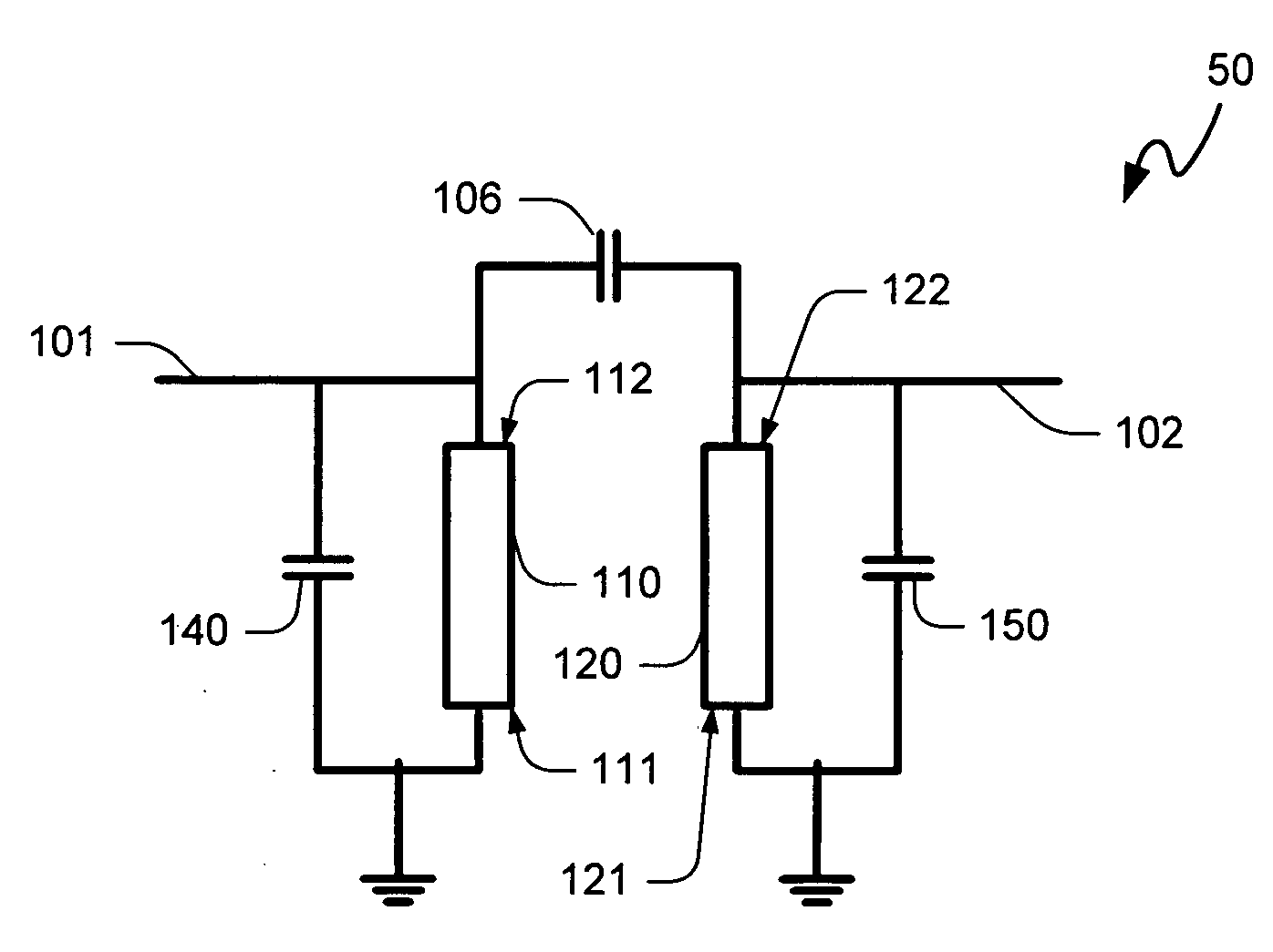 Filter with integrated loading capacitors