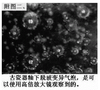 Method for observing and identifying de-vitrification variation bubbles on glaze of ancient porcelain