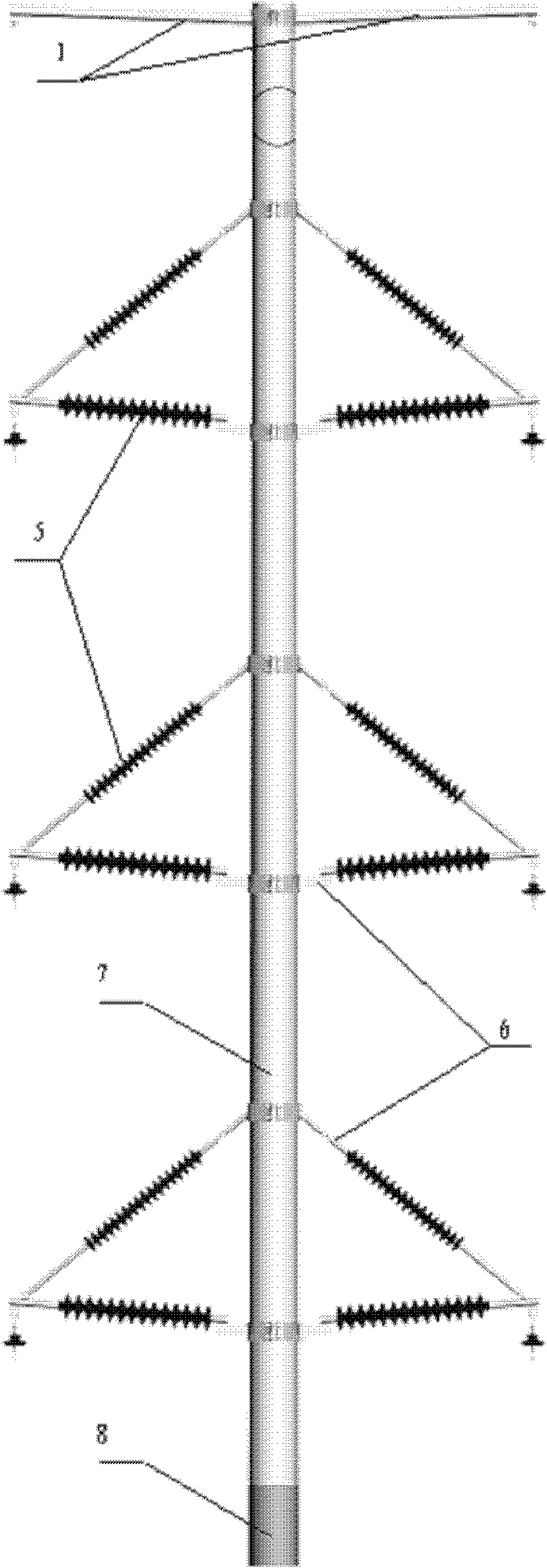 Central vertical grounding leading-down method for composite pole tower and pole tower thereof