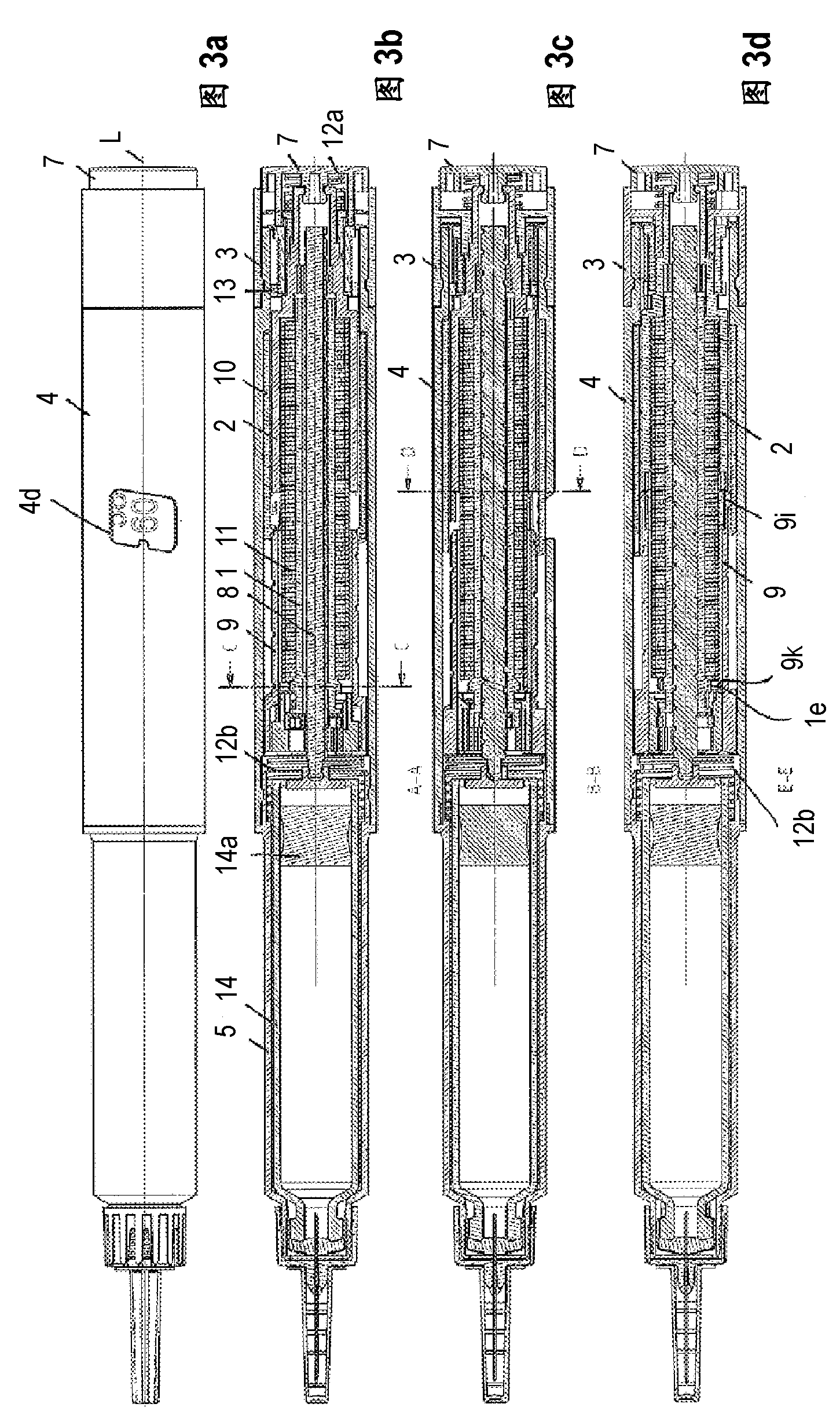 Injection device having dose indication and spring drive