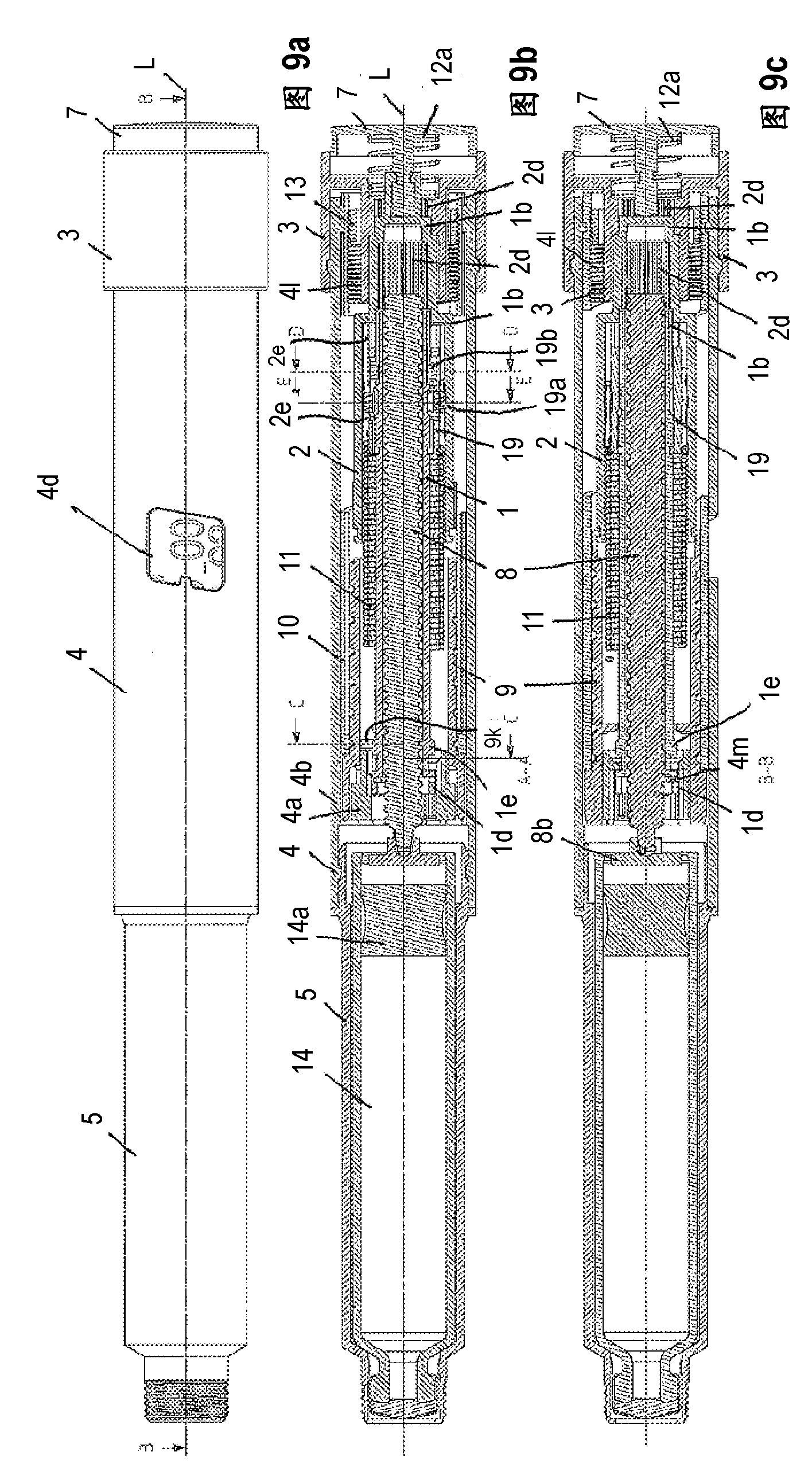 Injection device having dose indication and spring drive