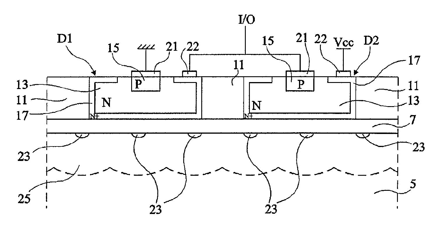 Structure of high-frequency components with low stray capacitances