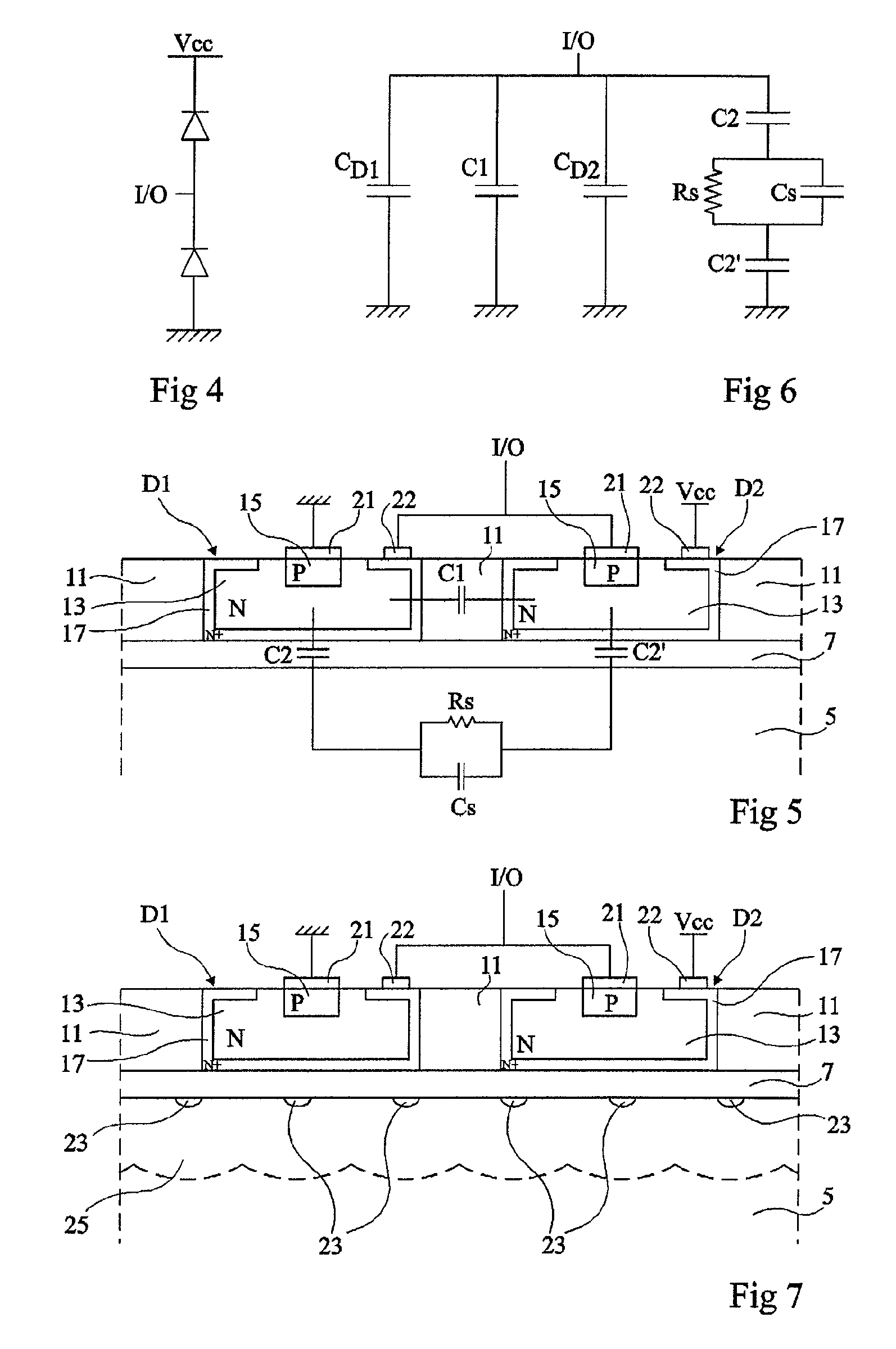 Structure of high-frequency components with low stray capacitances