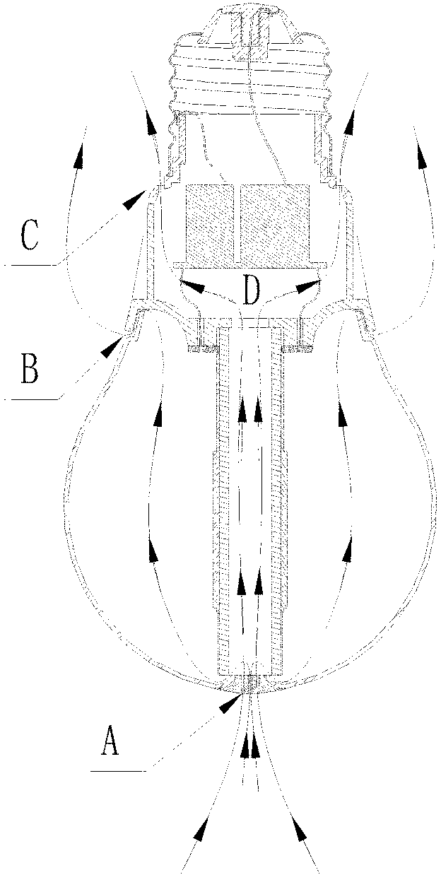 Light-emitting diode (LED) bulb with internal convection radiating structure and LED light source device