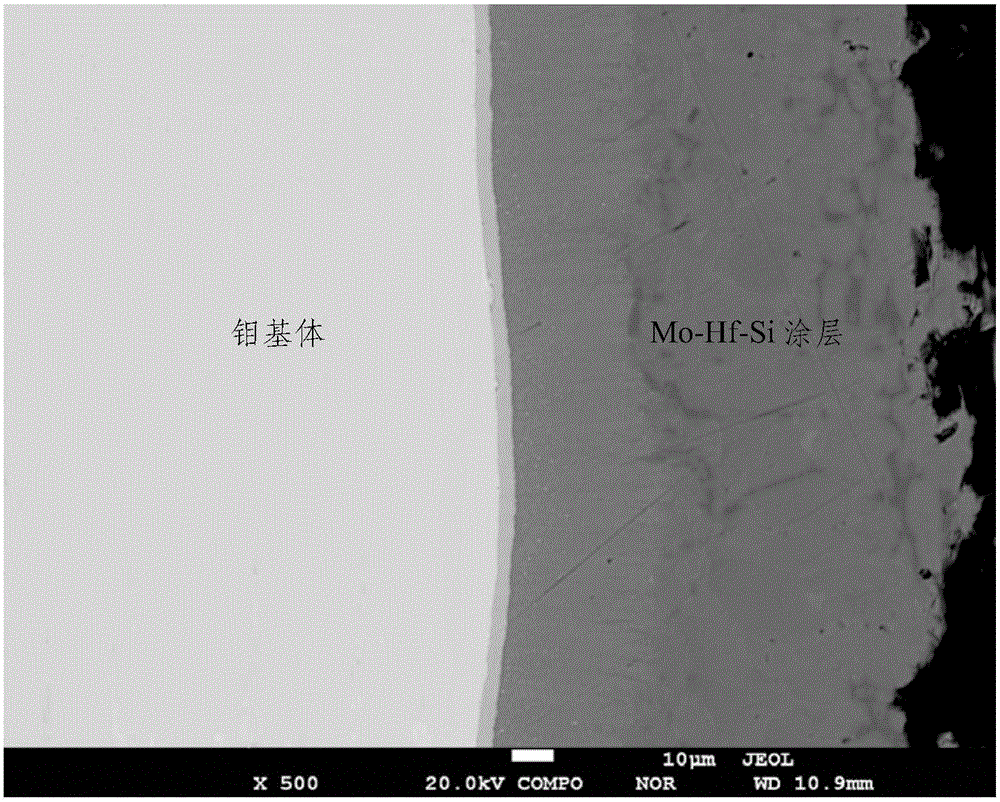 Molybdenum alloy high-temperature anti-oxidation Mo-Hf-Si coating and preparation method thereof