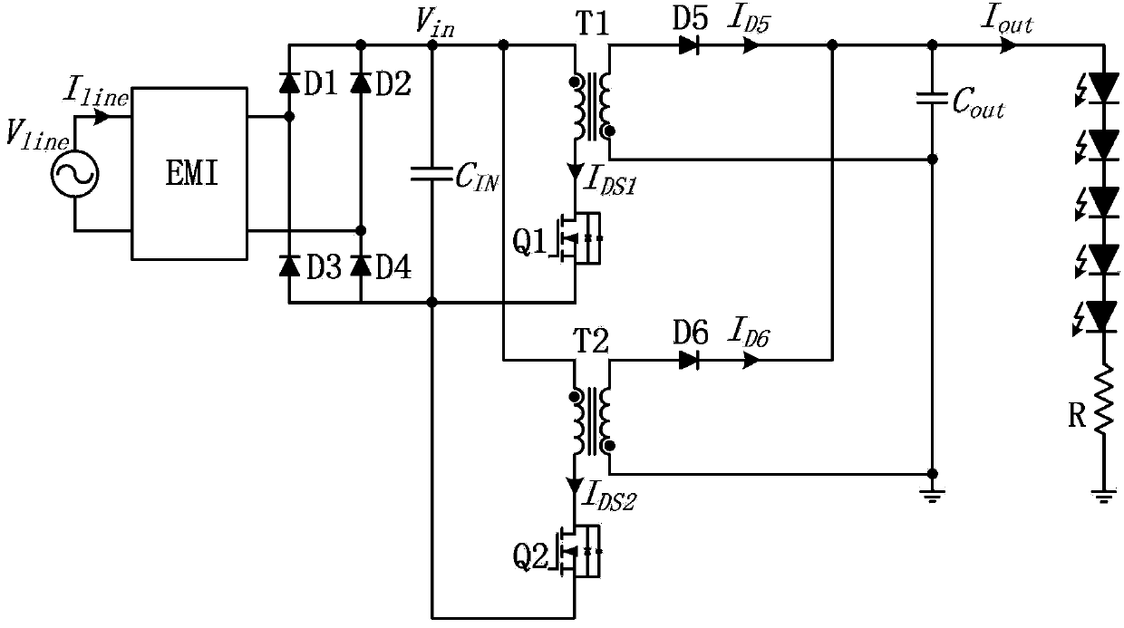 Staggered parallel flyback LED driving power supply and PFM (pulse width modulation) control circuit thereof