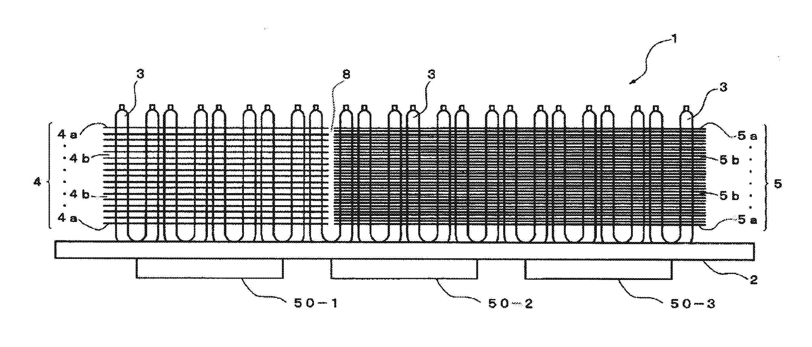 Cooling device with a plurality of fin pitches