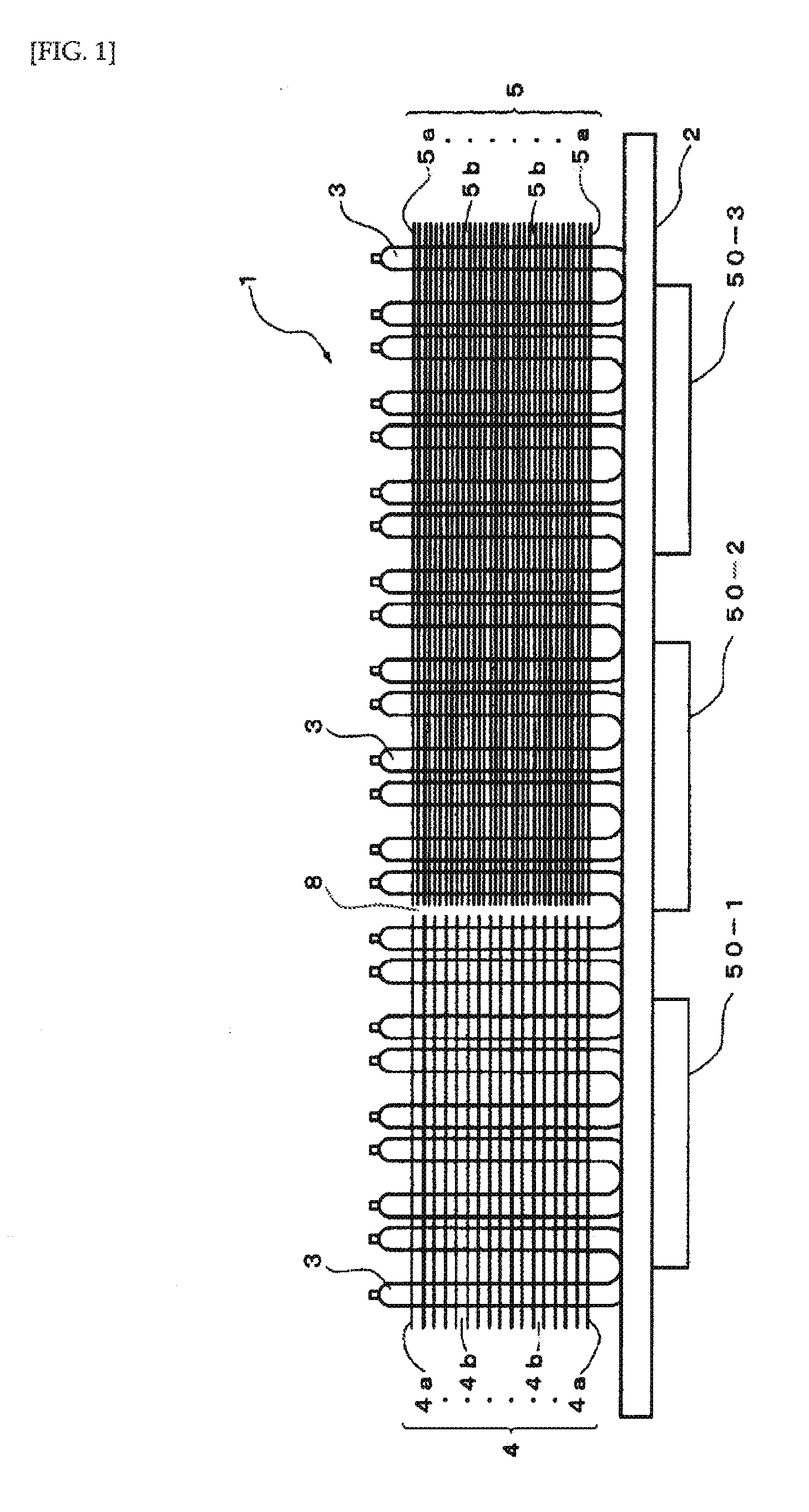 Cooling device with a plurality of fin pitches