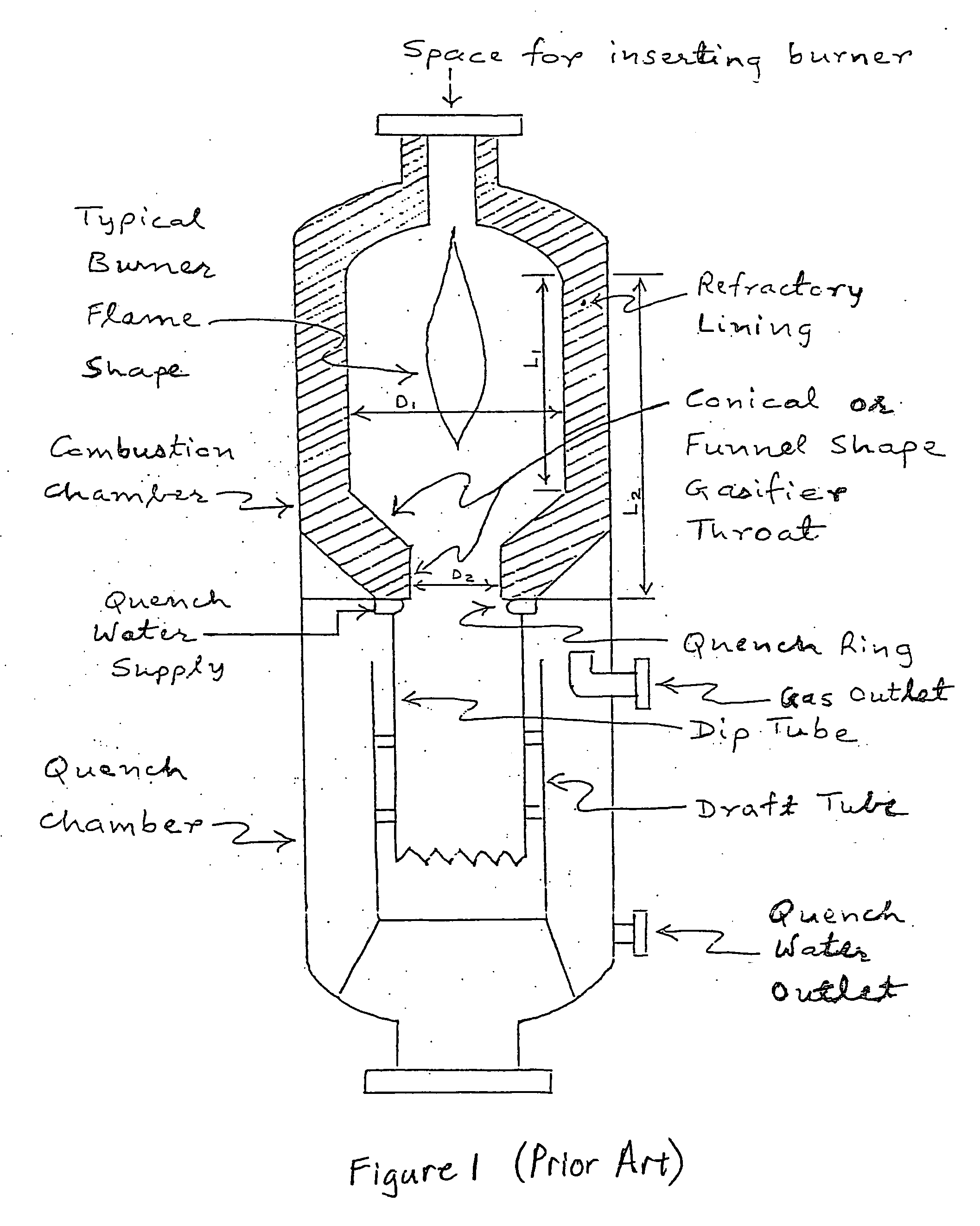 Combustion chamber design for a quench gasifier