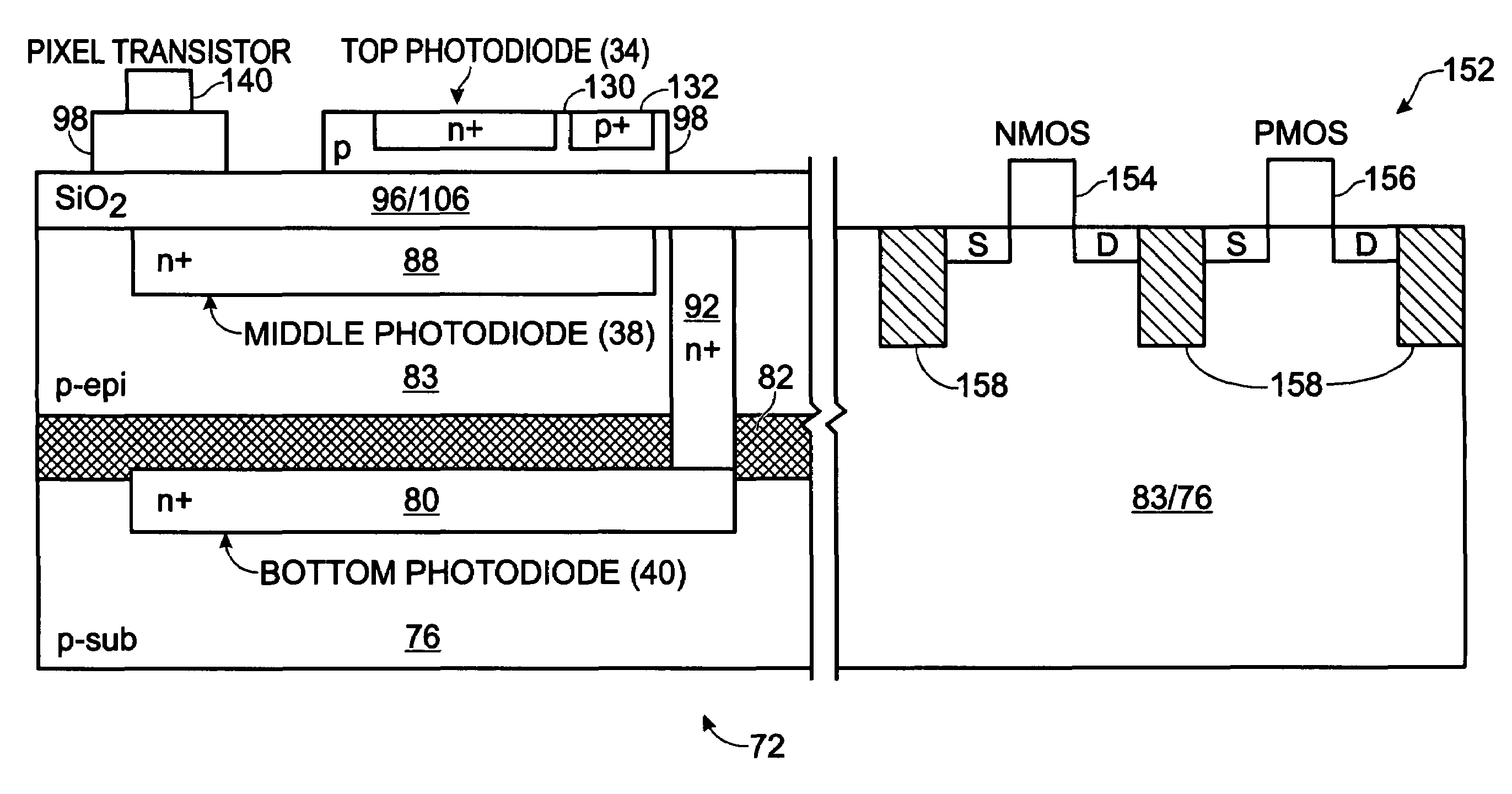 Real-time CMOS imager having stacked photodiodes fabricated on SOI wafer