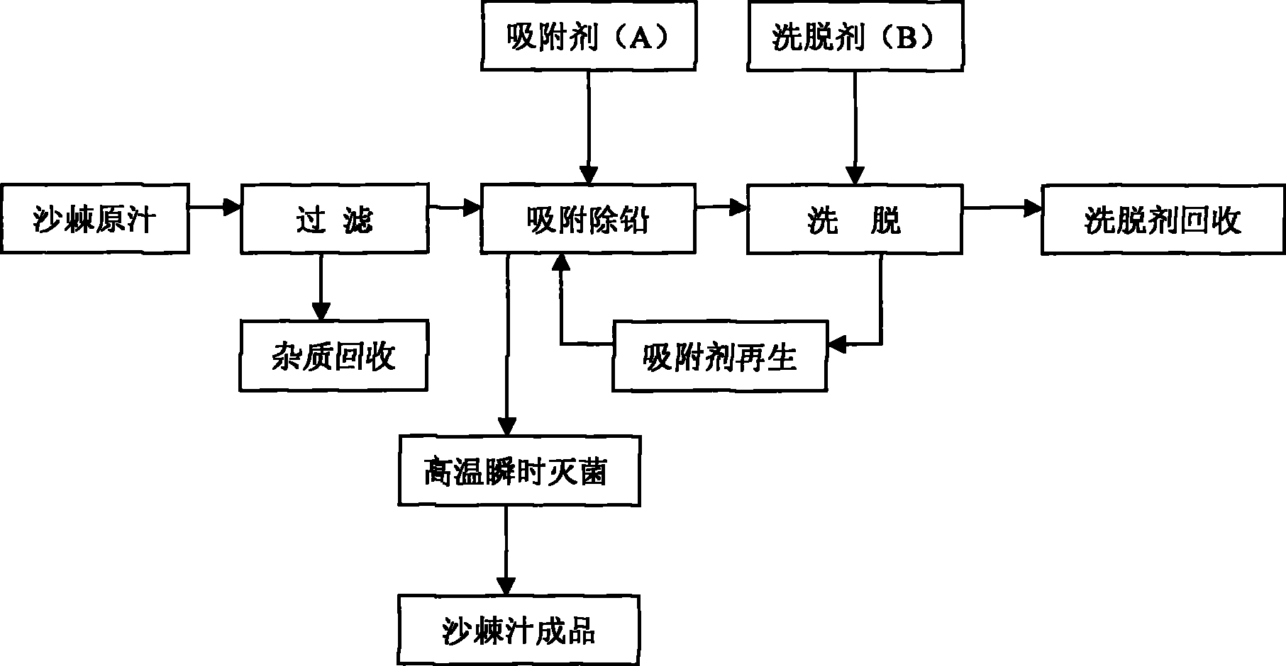 Method for reducing heavy metal plumbi content in sha ji fruit juice raw material by ion exchange process