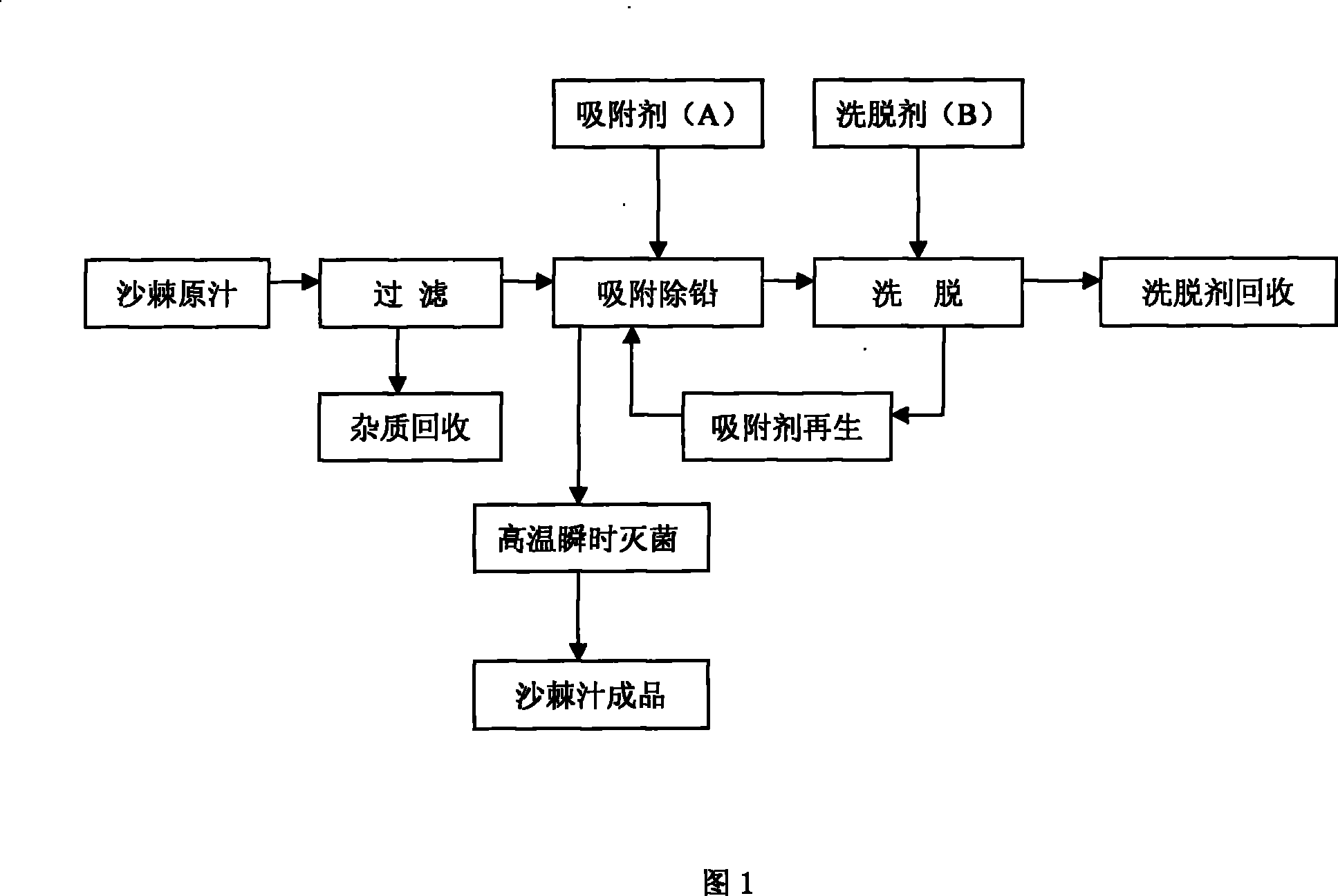 Method for reducing heavy metal plumbi content in sha ji fruit juice raw material by ion exchange process