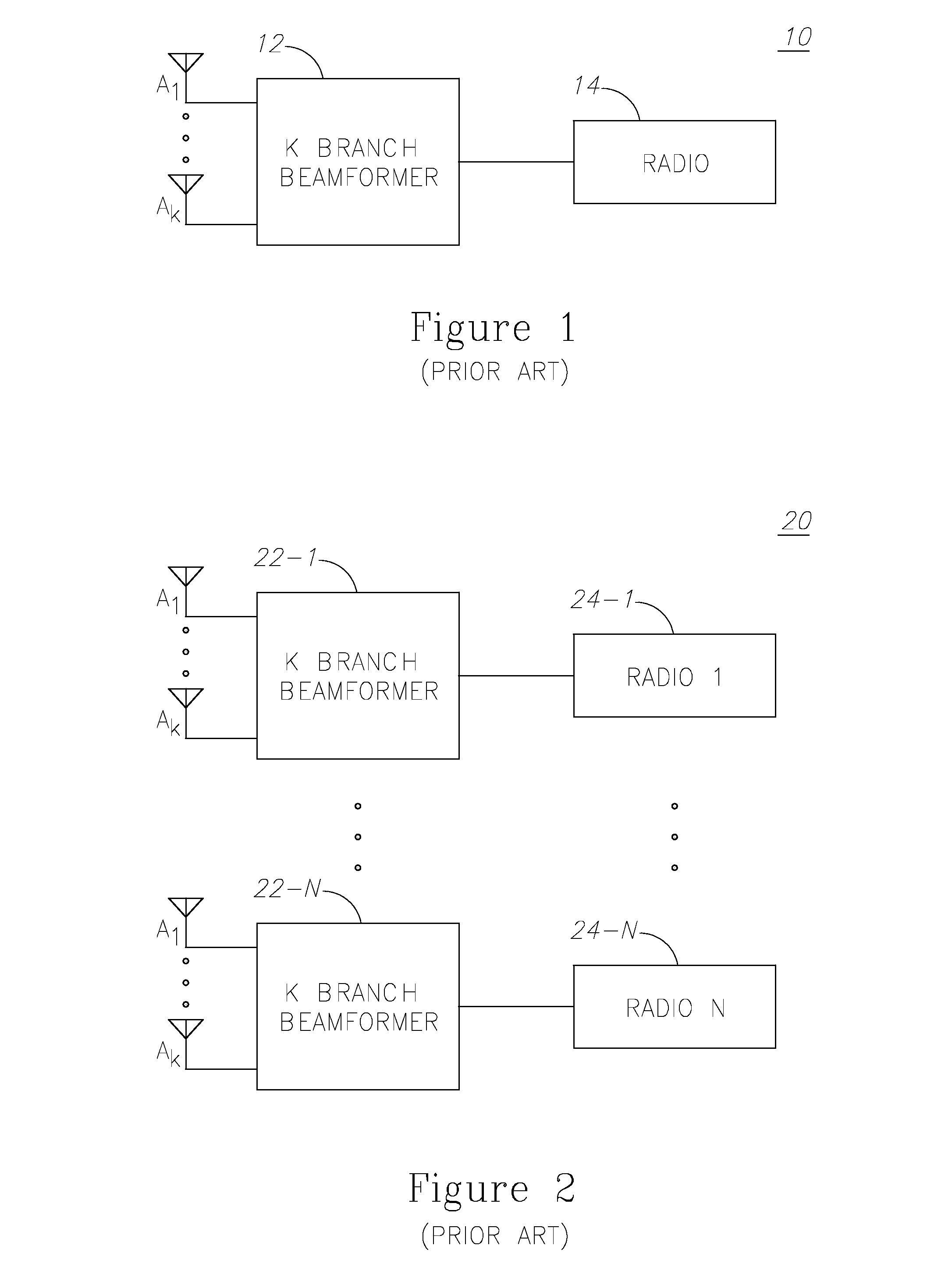 Beamformer configurable for connecting a variable number of antennas and radio circuits