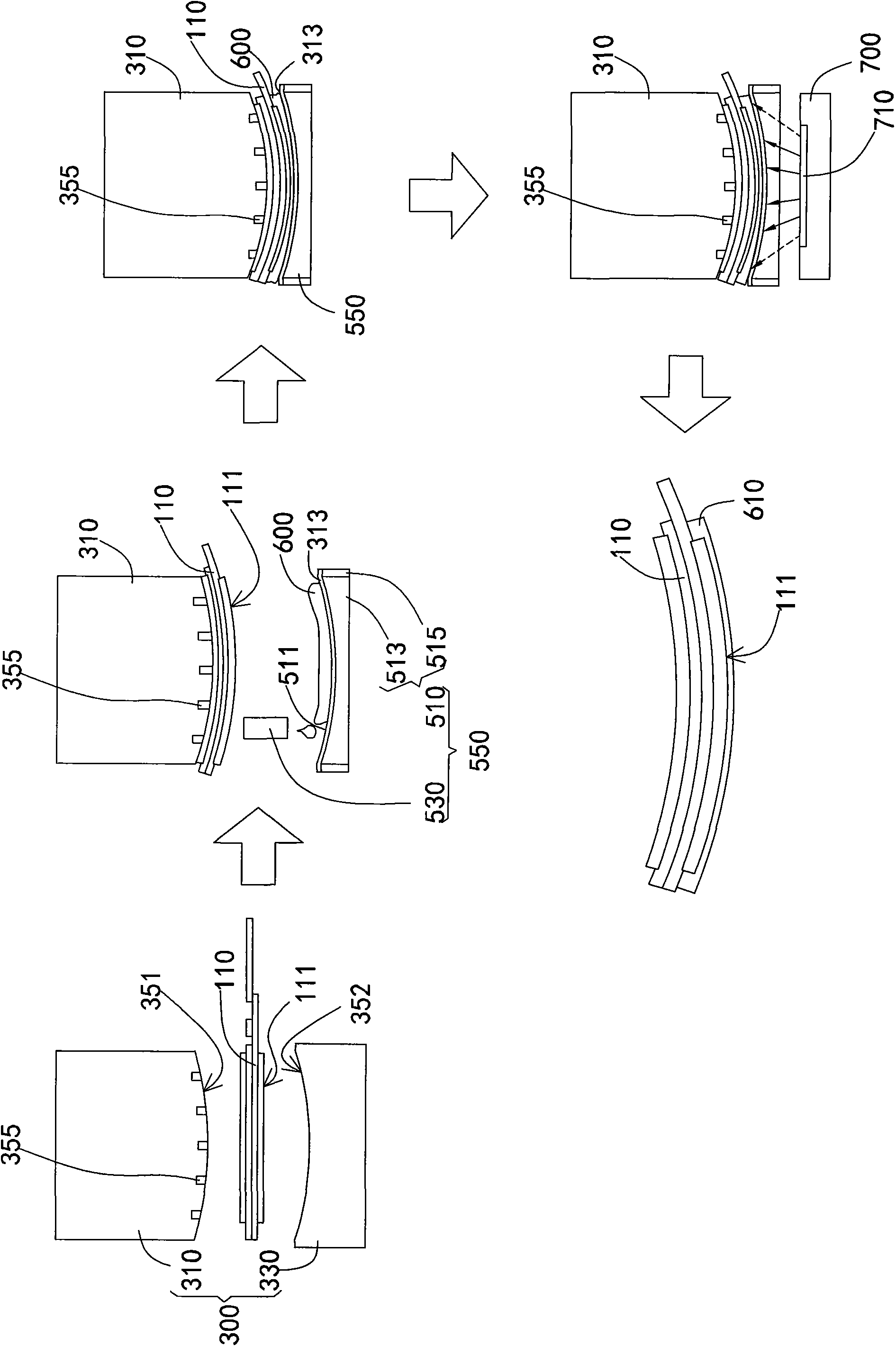 Arc plate-shaped display module, manufacturing method thereof and used manufacturing device