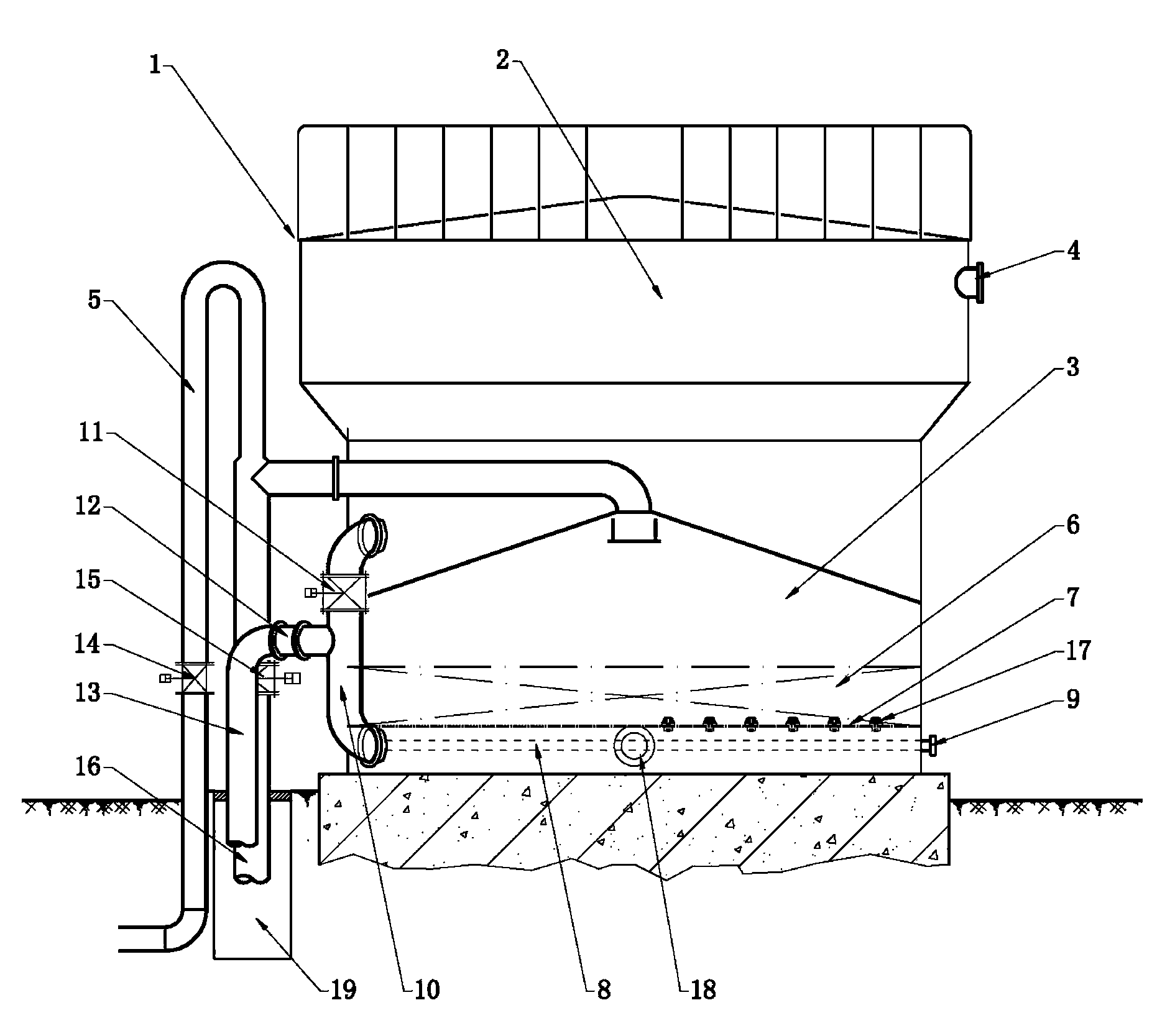 Gravity type air scrubbing filter pool