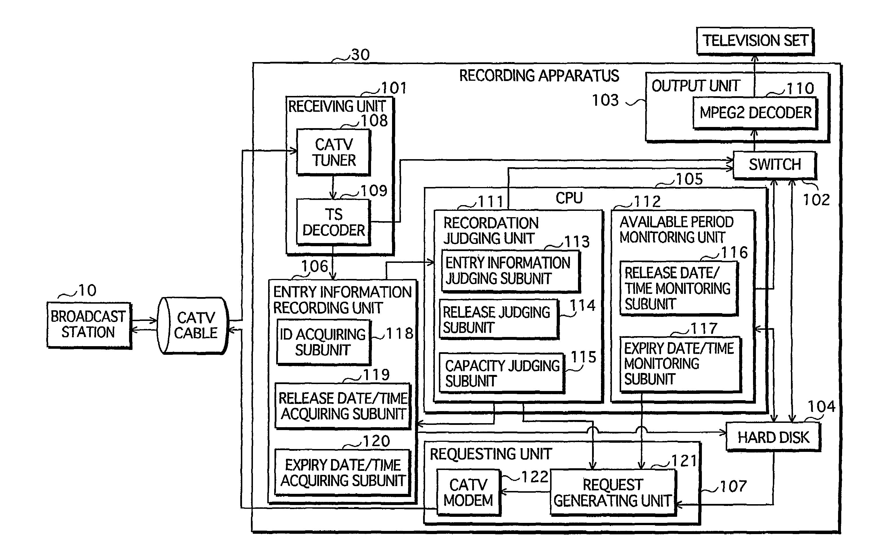 Broadcast recording system, recording apparatus, broadcasting apparatus, and recording program for saving storage space of recording medium used for recording contents