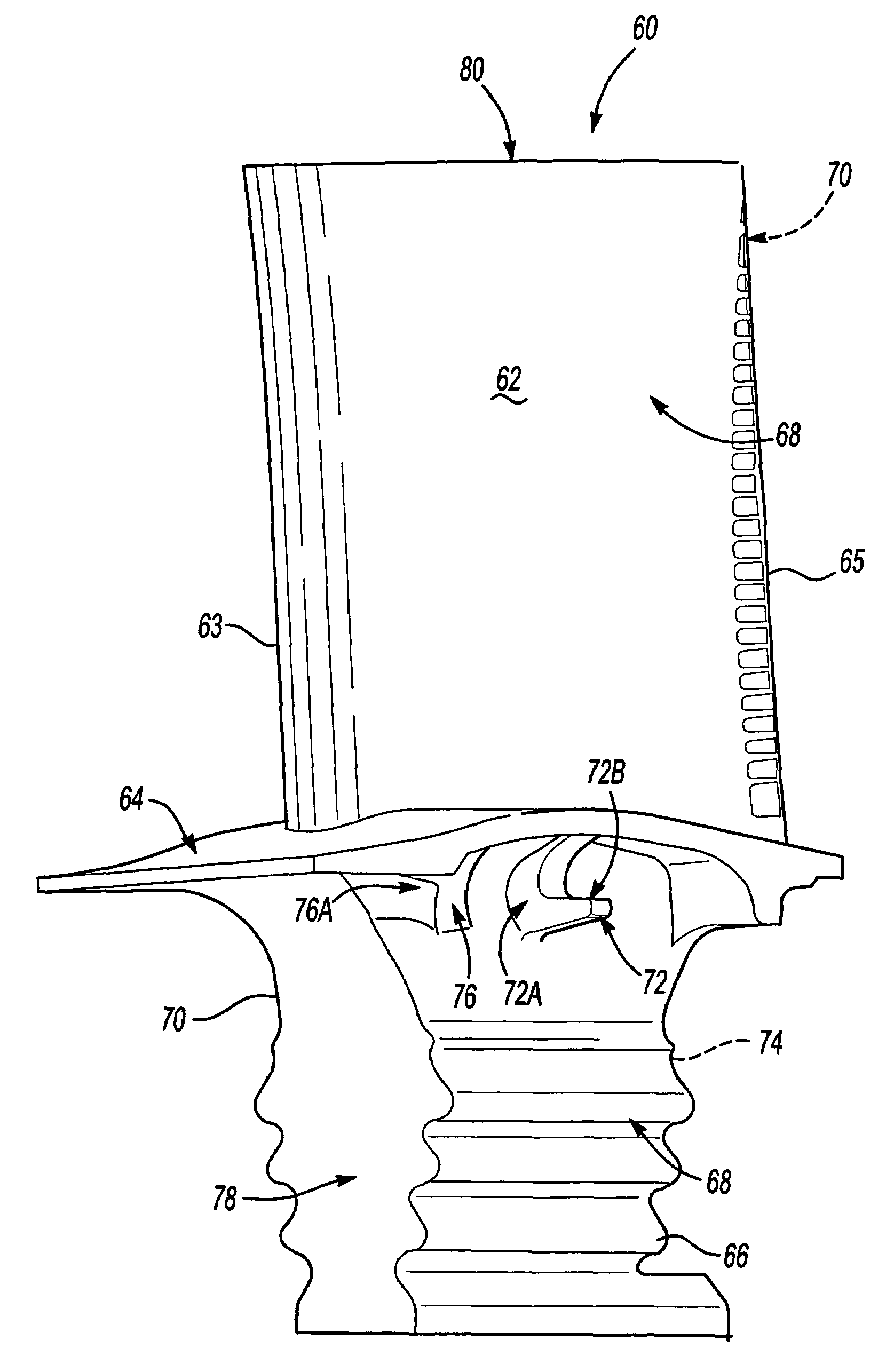 Turbine blade including revised platform