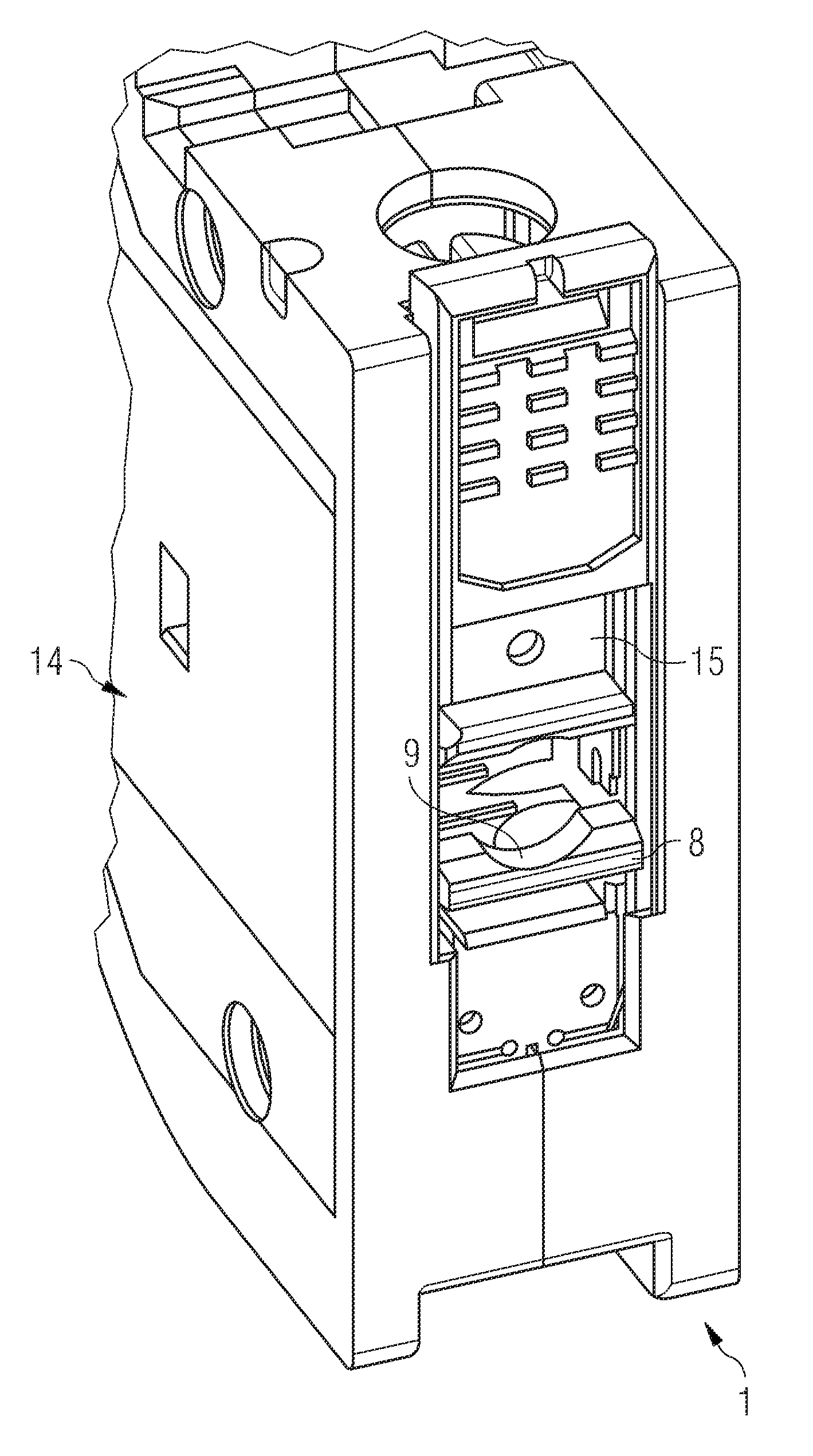 Slider device for fixing housing of electric installation device to rail, has connecting region with insulating element for covering conductive contact element of electric installation device