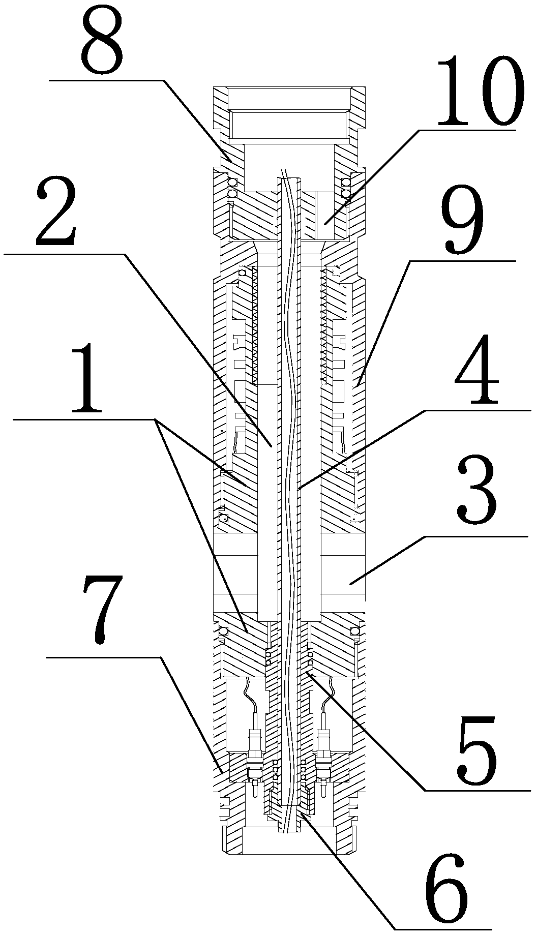 Wire-passing structure for small flow rate center flow-concentrating flowmeter of oil field