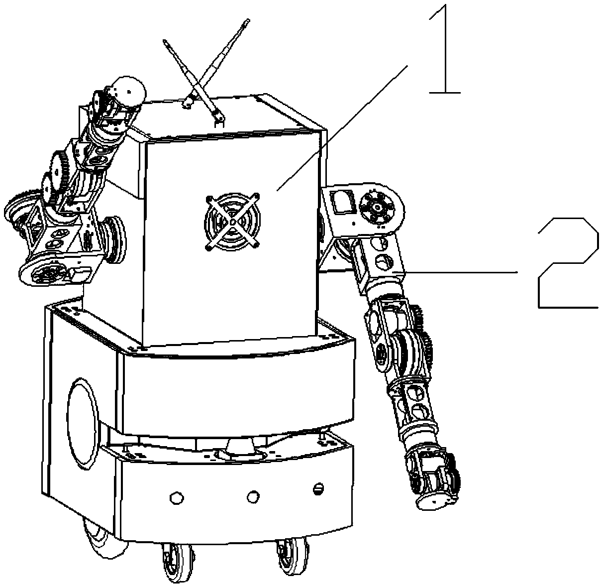 Indoor wheeled movable disinfection robot with six-axis mechanical arms