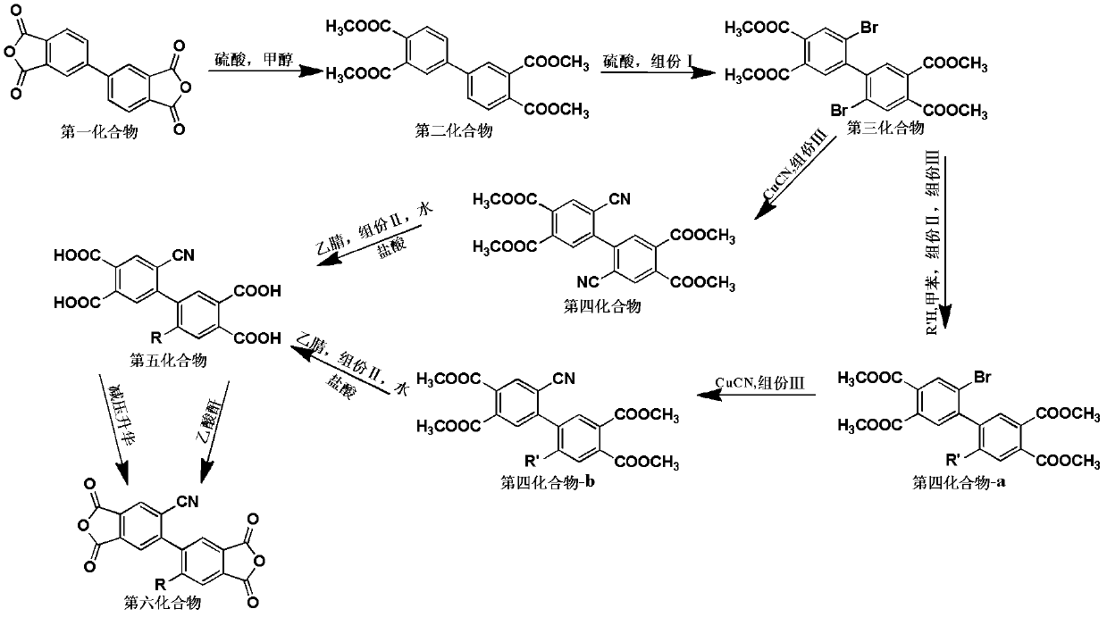 Modified biphenyl type dianhydride intermediate containing cyano side chain and synthesis method and application thereof