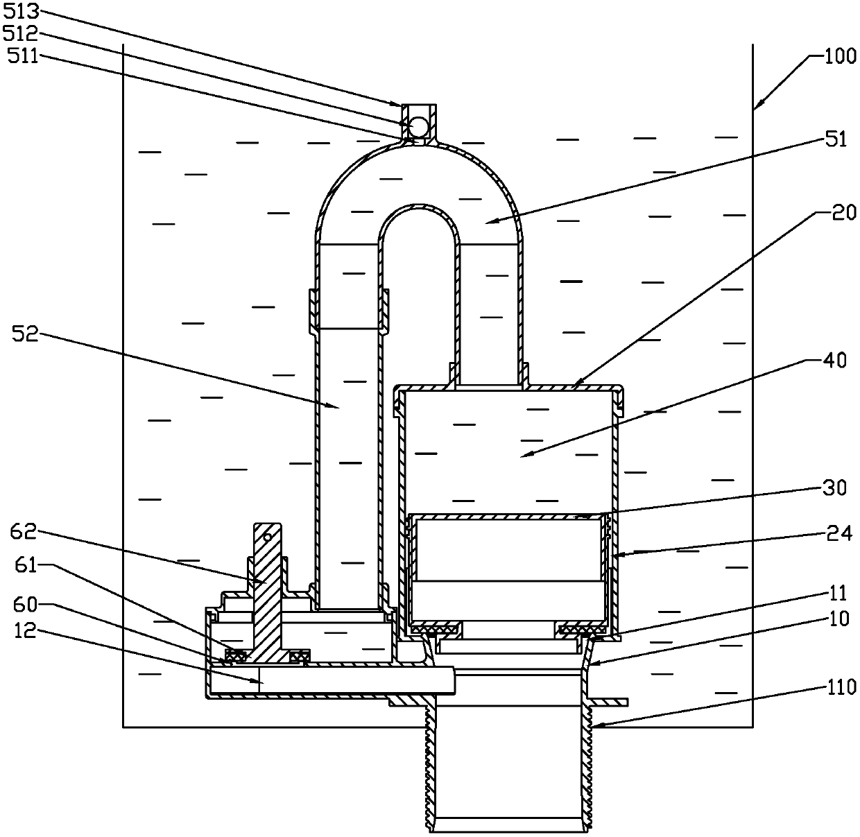 A water tank drainage device utilizing pressure difference for drainage