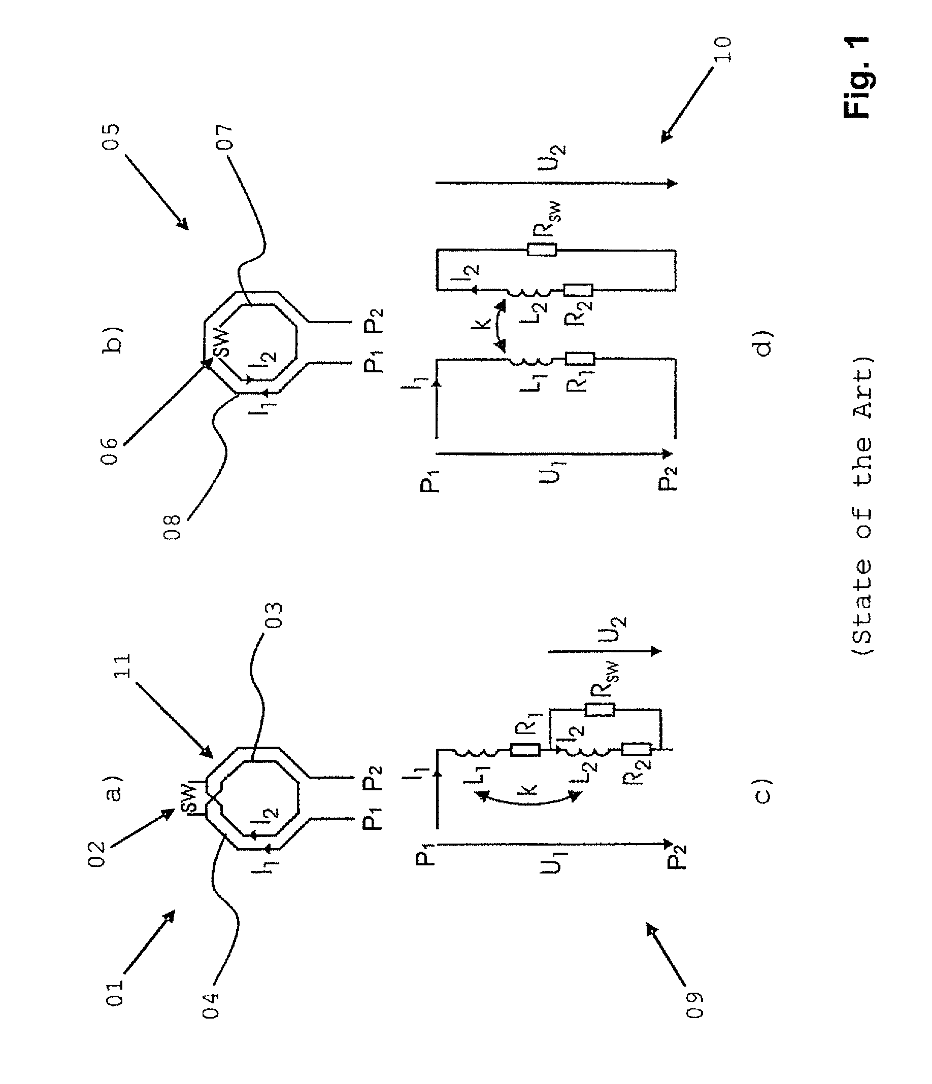 Inductor combining primary and secondary coils with phase shifting