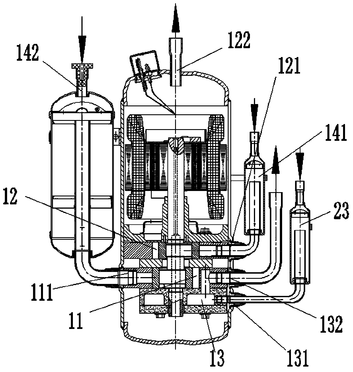 Double-stage air replenishing compressor, freezing and cold storage refrigerating system and control method