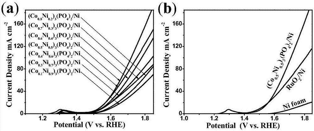 Preparation method of nano-flower-like cobalt-nickel phosphate growing on foam nickel