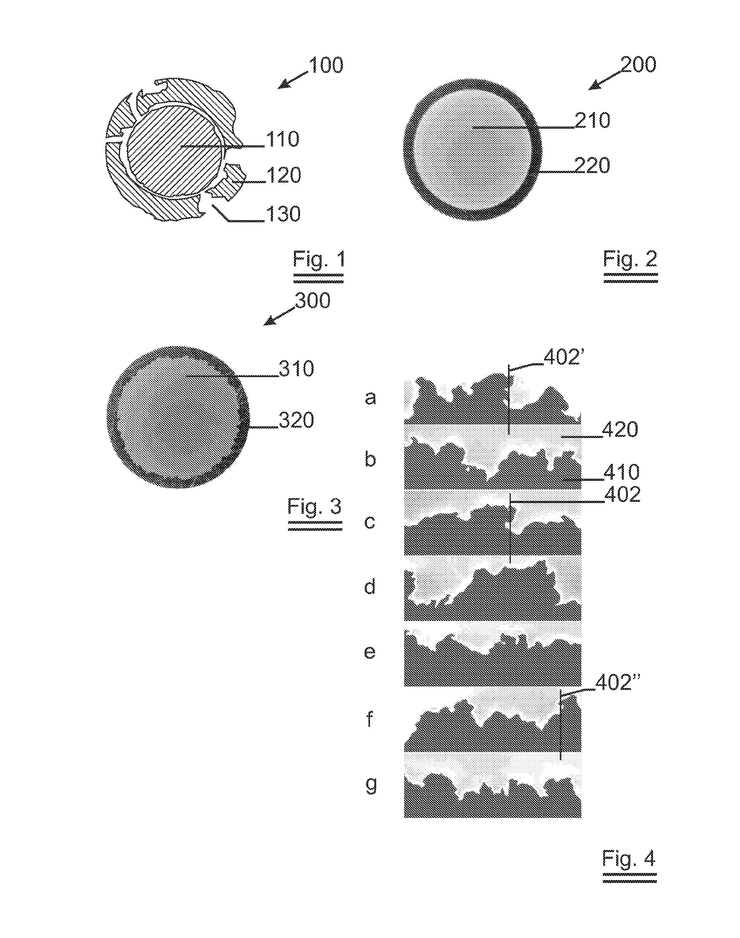 Fixed abrasive sawing wire with a rough interface between core and outer sheath