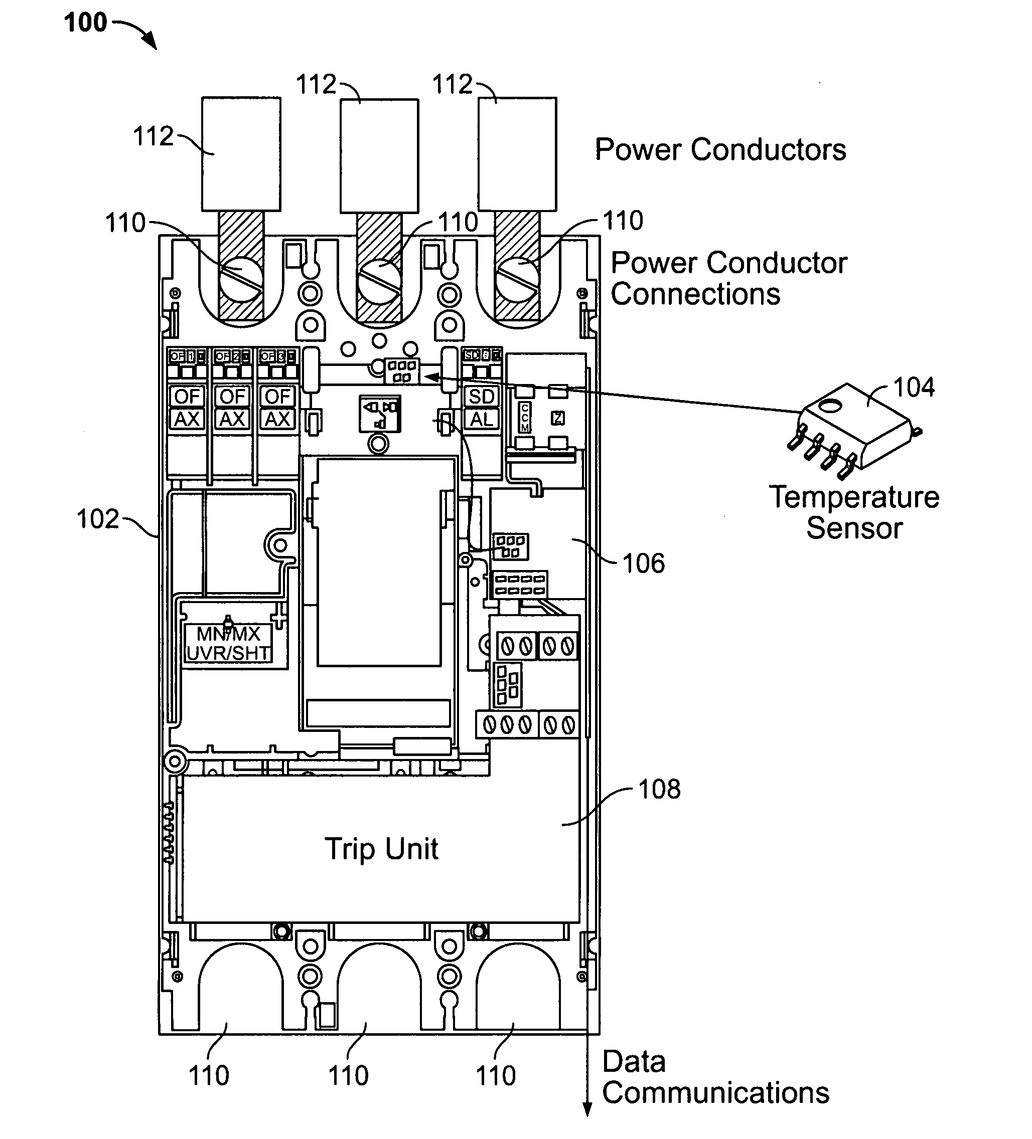 Circuit breaker integral temperature monitoring for advance detection of defective power conductor connections