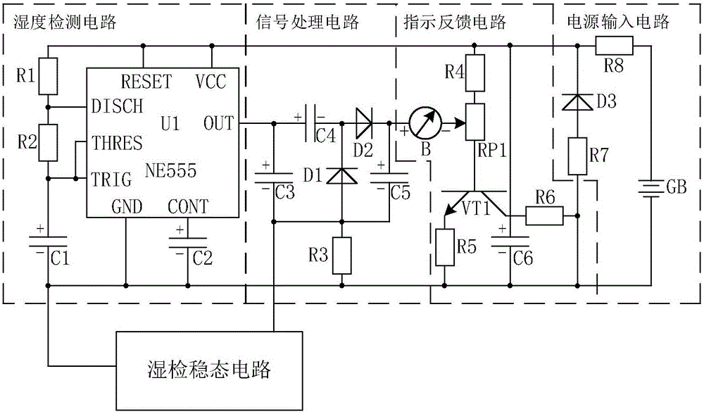 Granular food humidity detecting system based on humidity-detection steady-state circuit