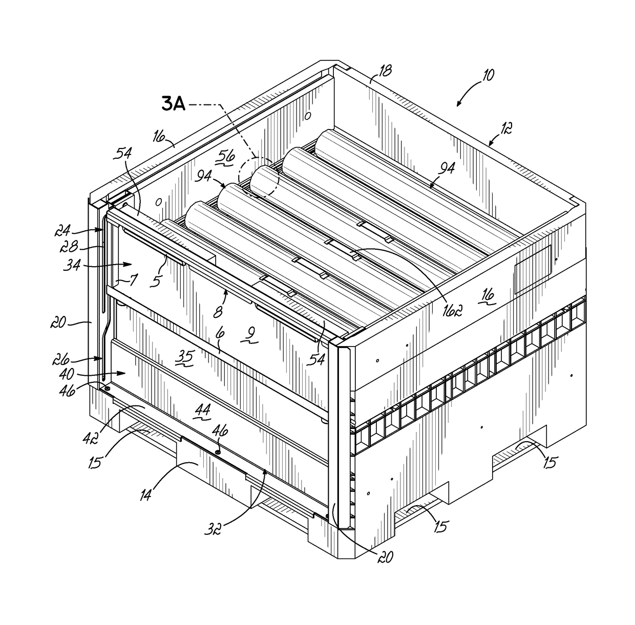 Container having padded dunnage supports and straight tracks