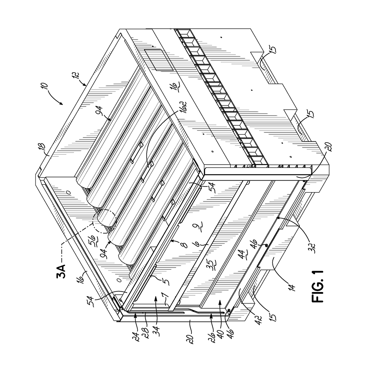 Container having padded dunnage supports and straight tracks