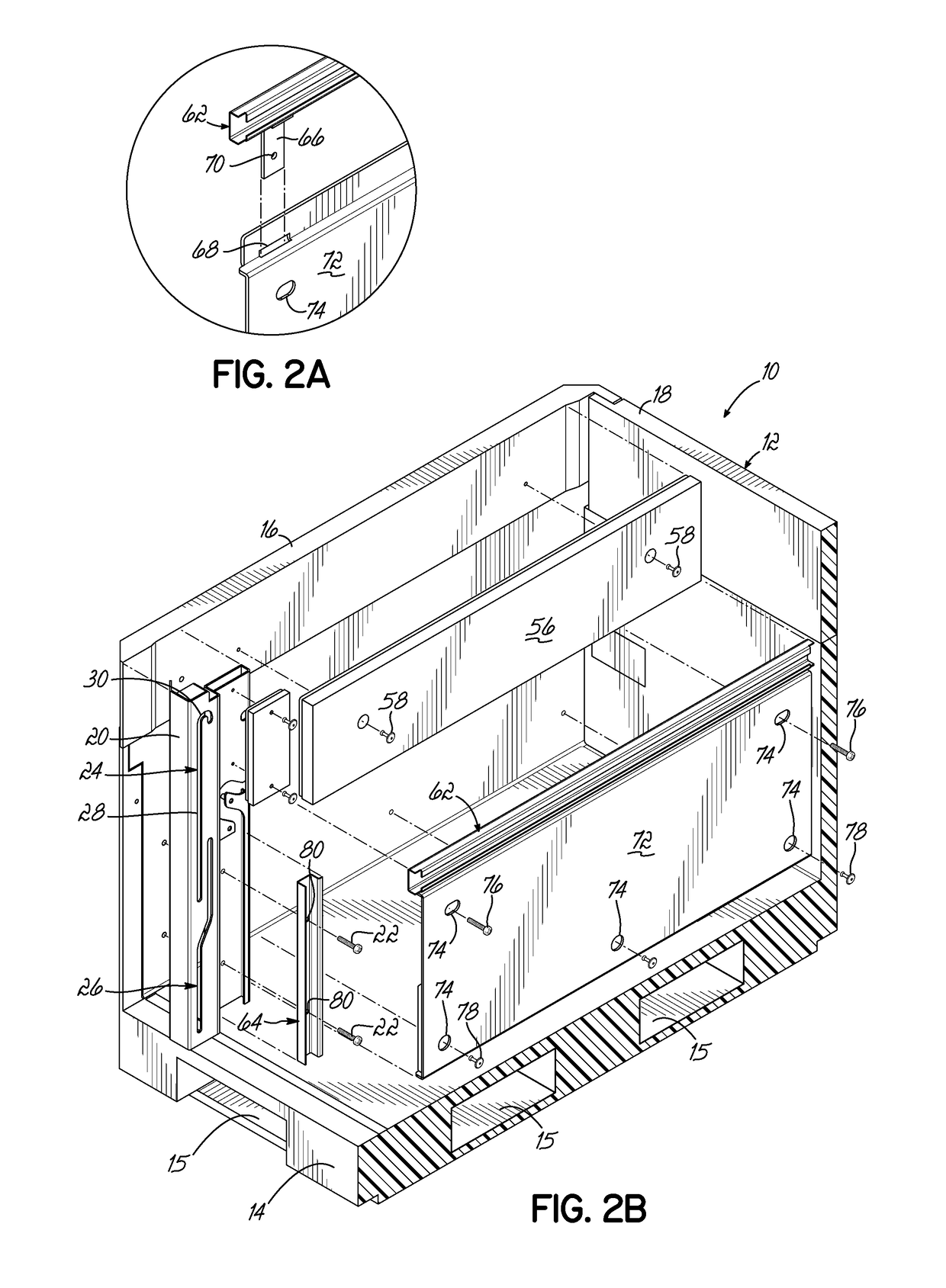 Container having padded dunnage supports and straight tracks