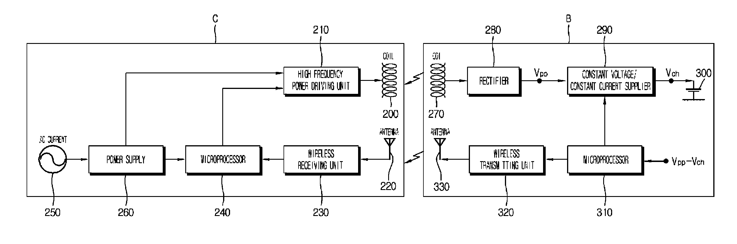 Contact-less chargeable battery and charging device, battery charging set, and charging control method thereof