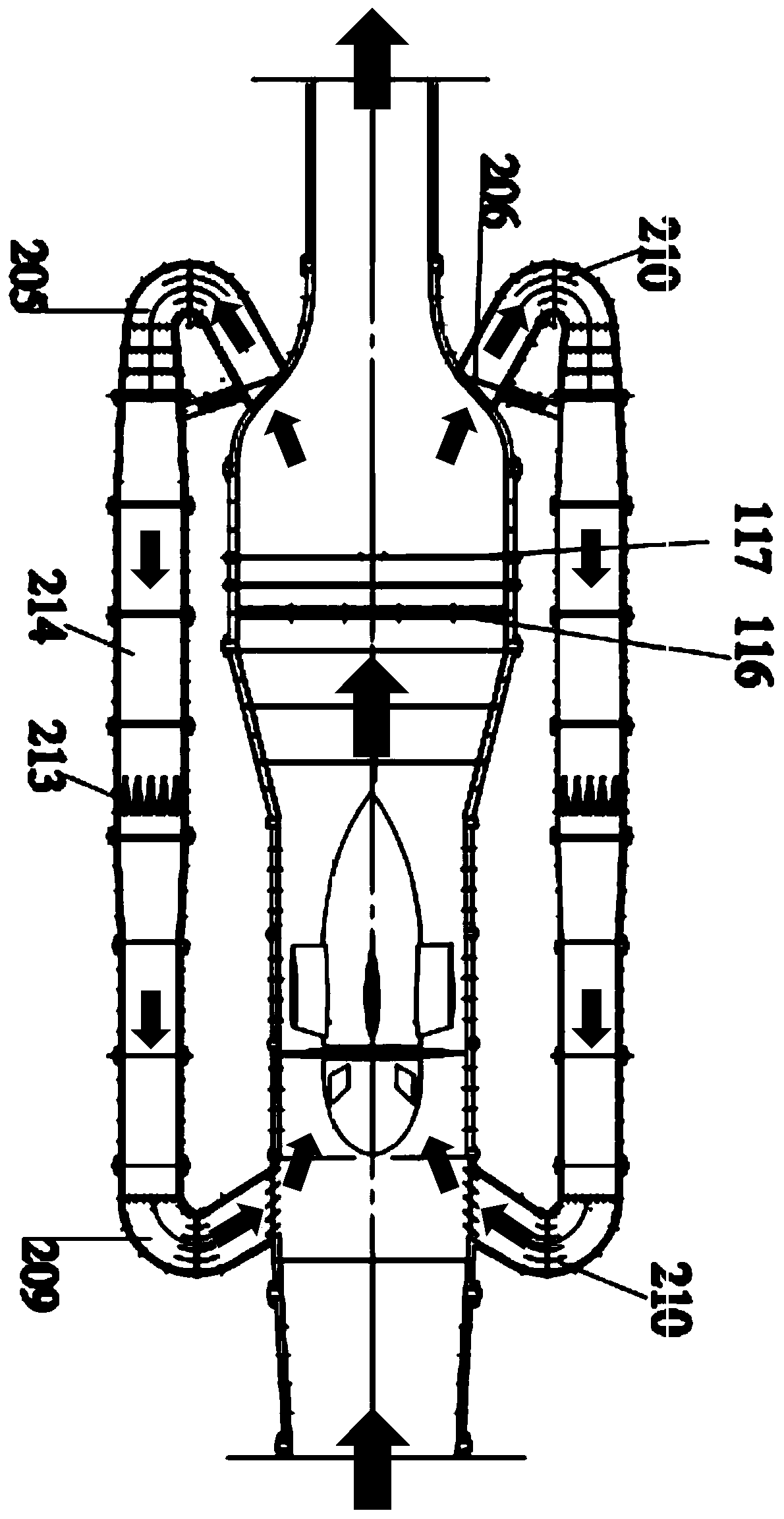 Dual-test-section straight-flow gust wind tunnel with bypasses