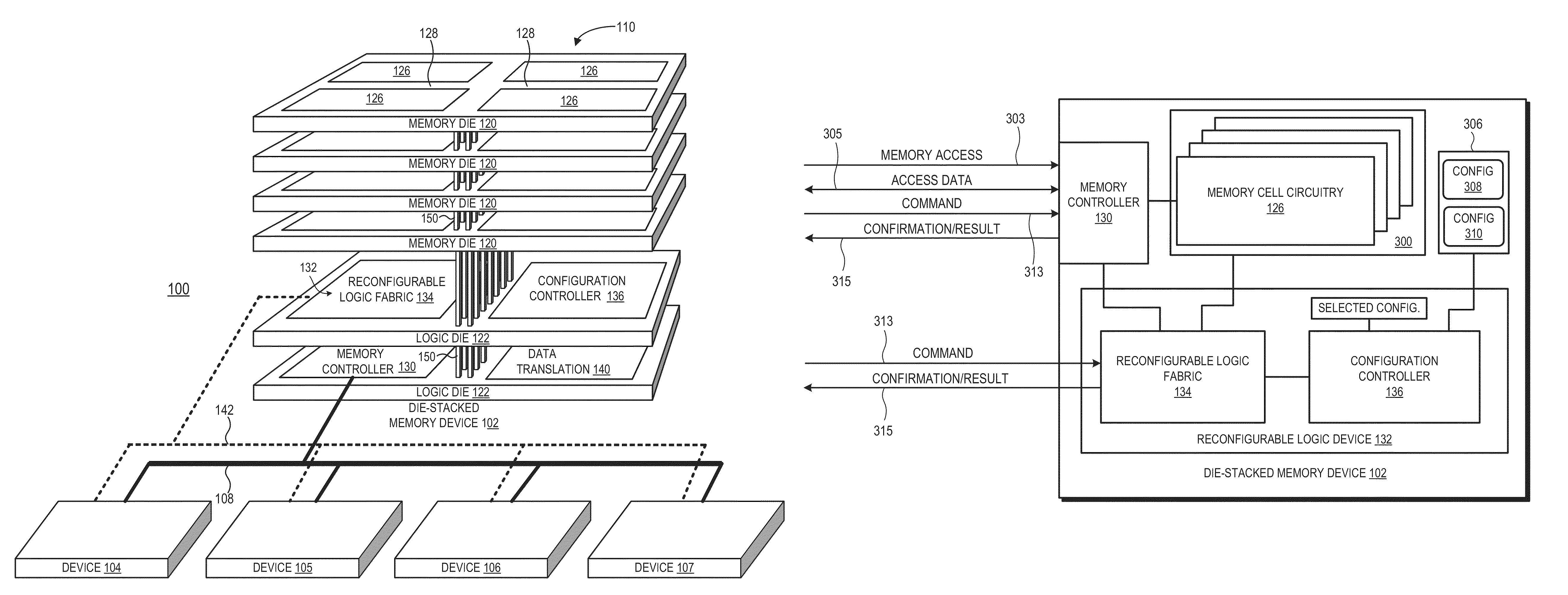 Die-stacked memory device with reconfigurable logic