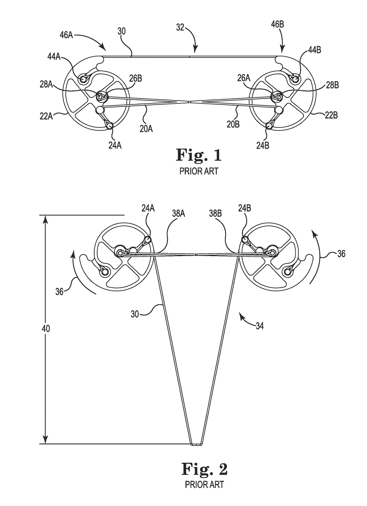 Crossbow with pulleys that rotate around stationary axes