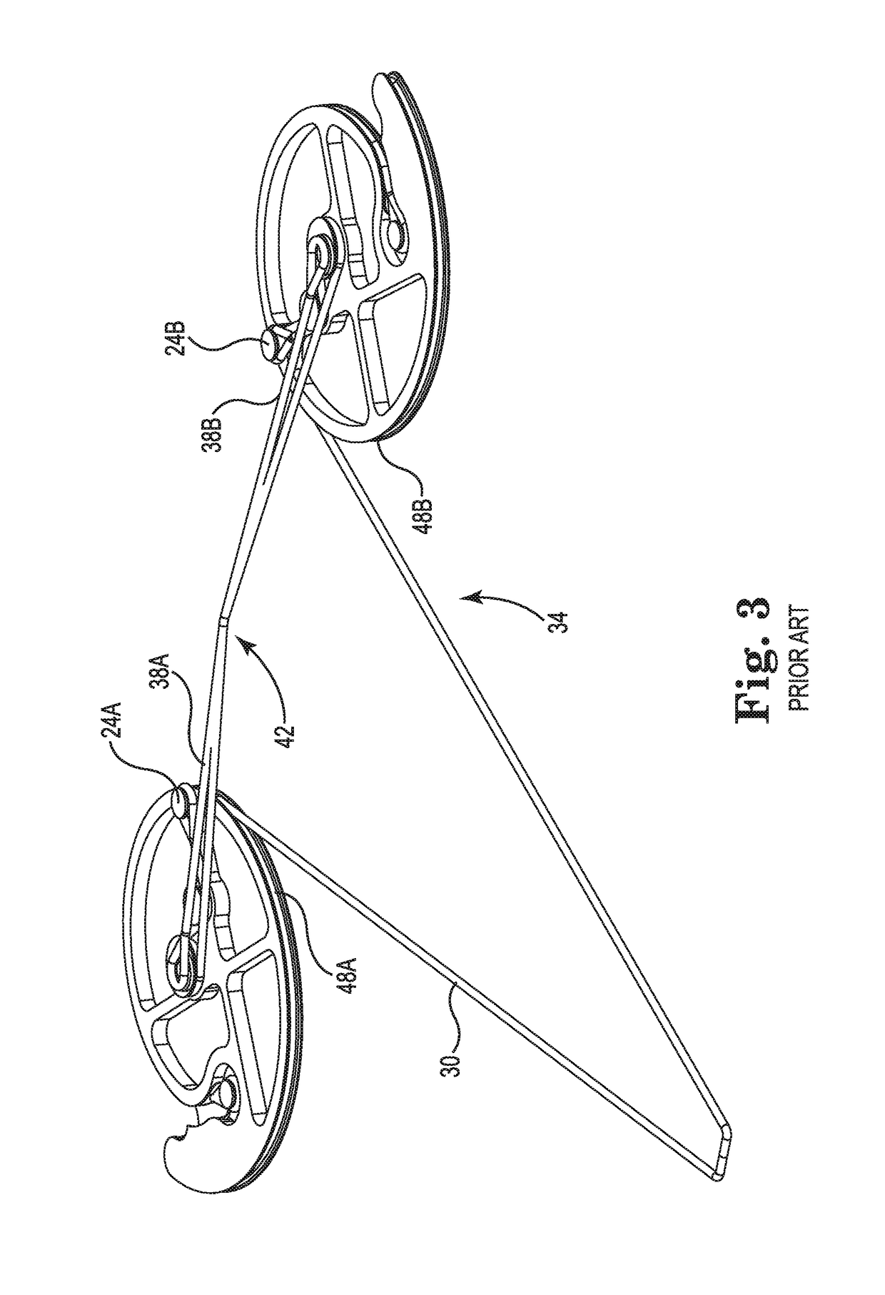 Crossbow with pulleys that rotate around stationary axes