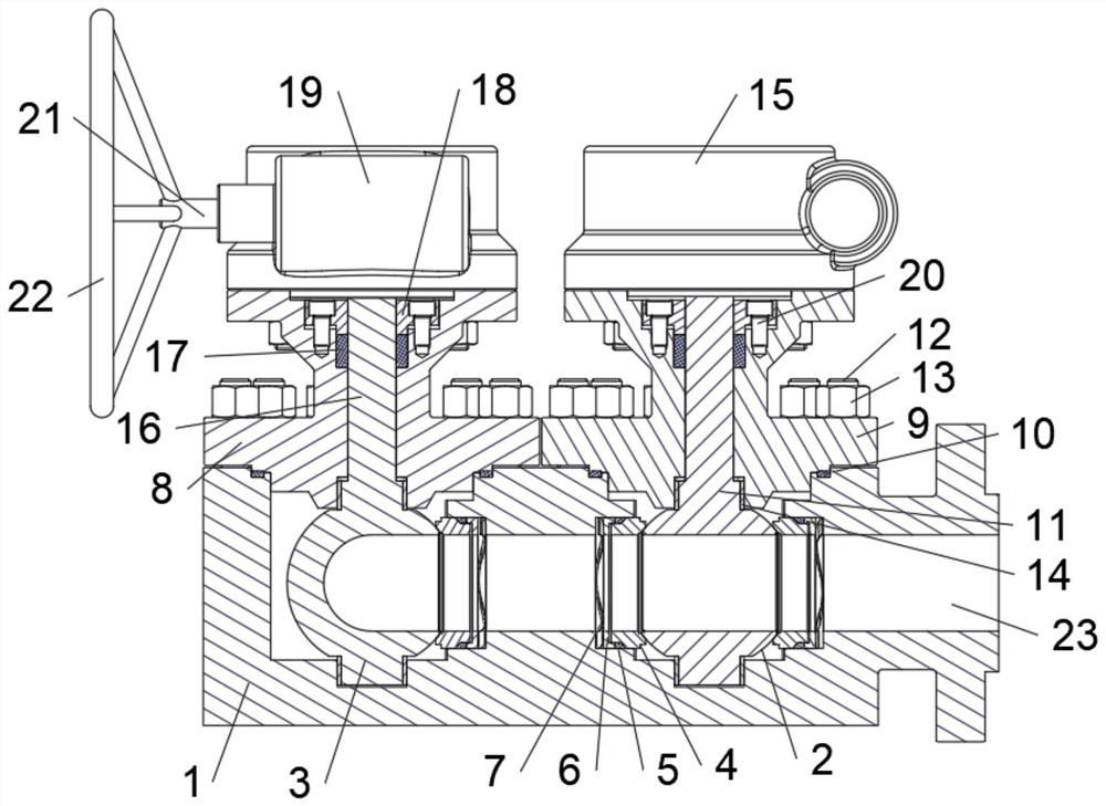 Angle type duplex ball valve for nuclear submarine and using method thereof