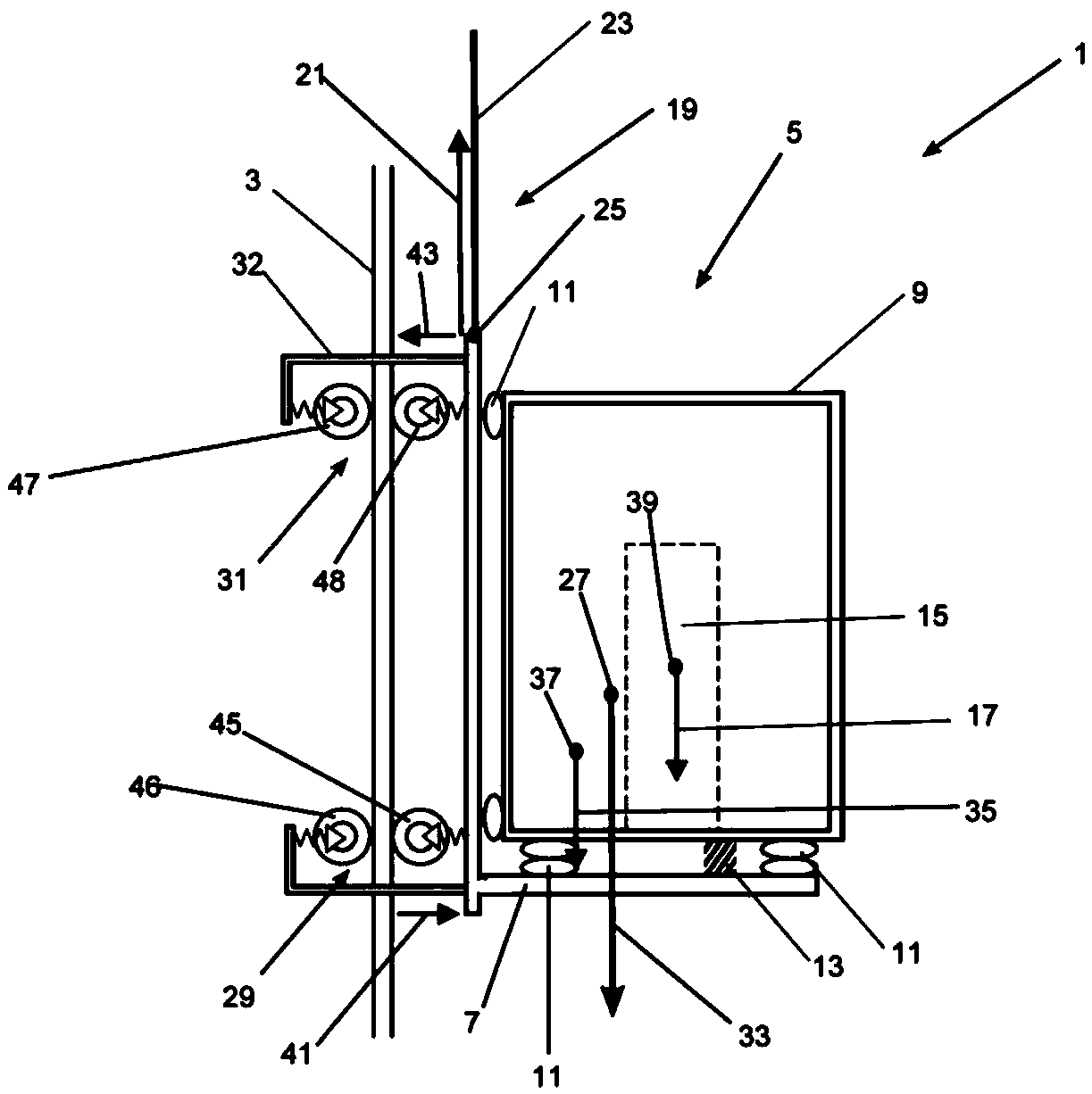 Elevator apparatus with compensating means so that the first roller is largely unloaded when the elevator car is stationary