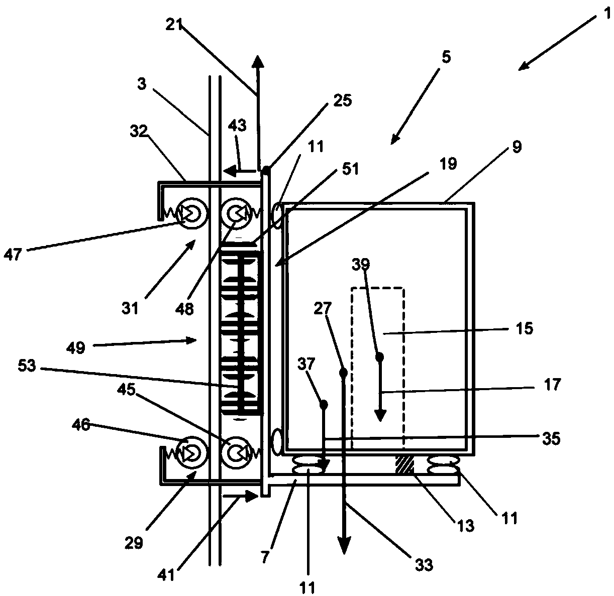 Elevator apparatus with compensating means so that the first roller is largely unloaded when the elevator car is stationary