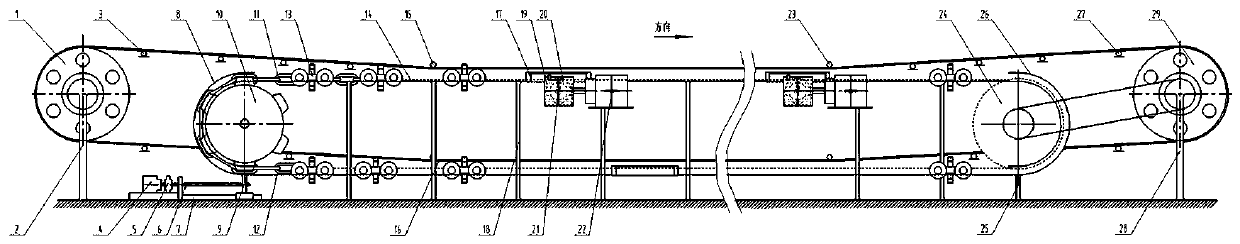 Electrodeless car unit chain multi-point driving belt type conveyor and chain tensioning method